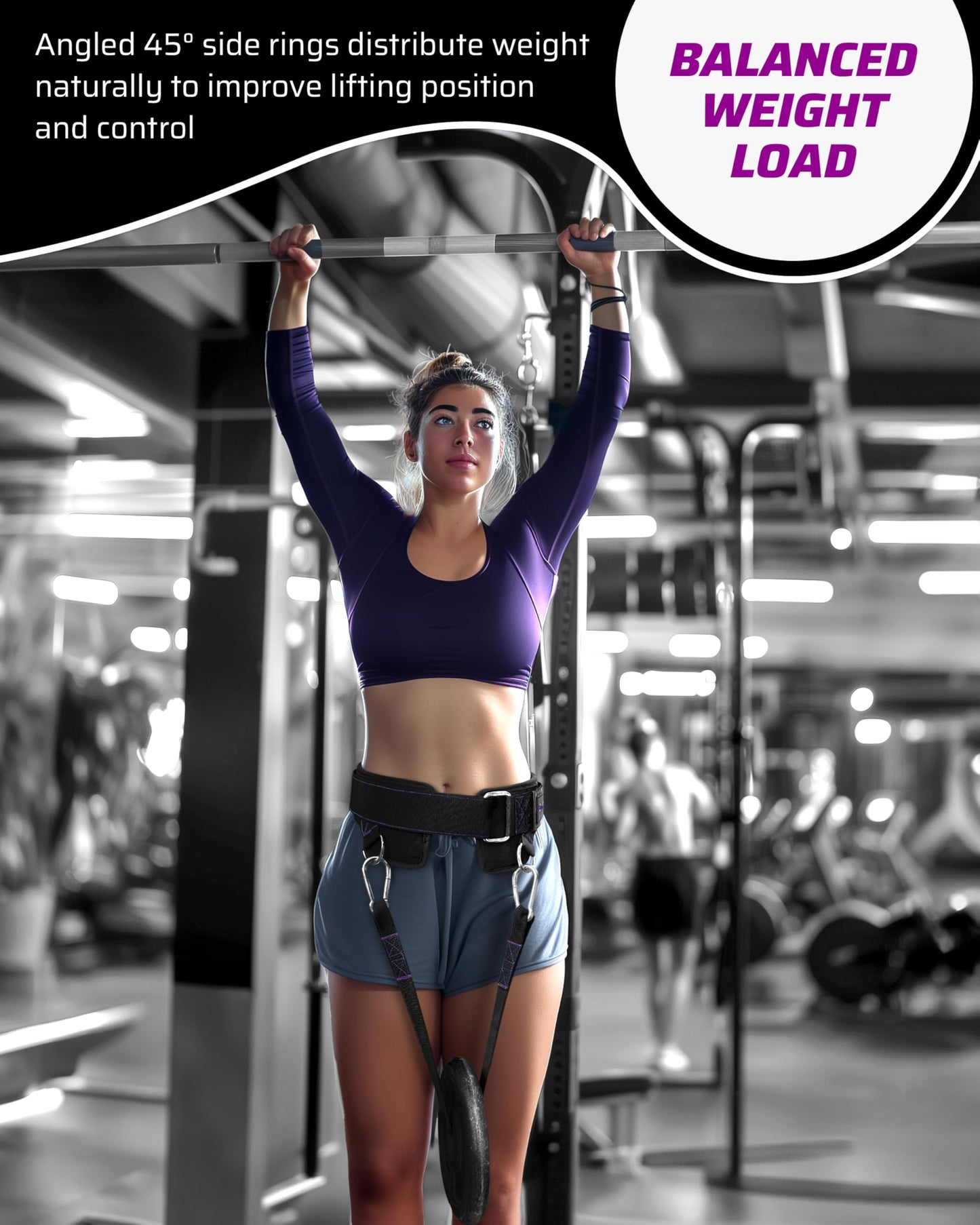 THEFITGUY Women’s Weighted Dip Belt – Contoured No-Pinch Fit for Dips, Pull-Ups & Squats | Designed for Women’s Hips | Sleek Black with Purple Stitching, Secure Buckle, 2 Straps & Hooks Included