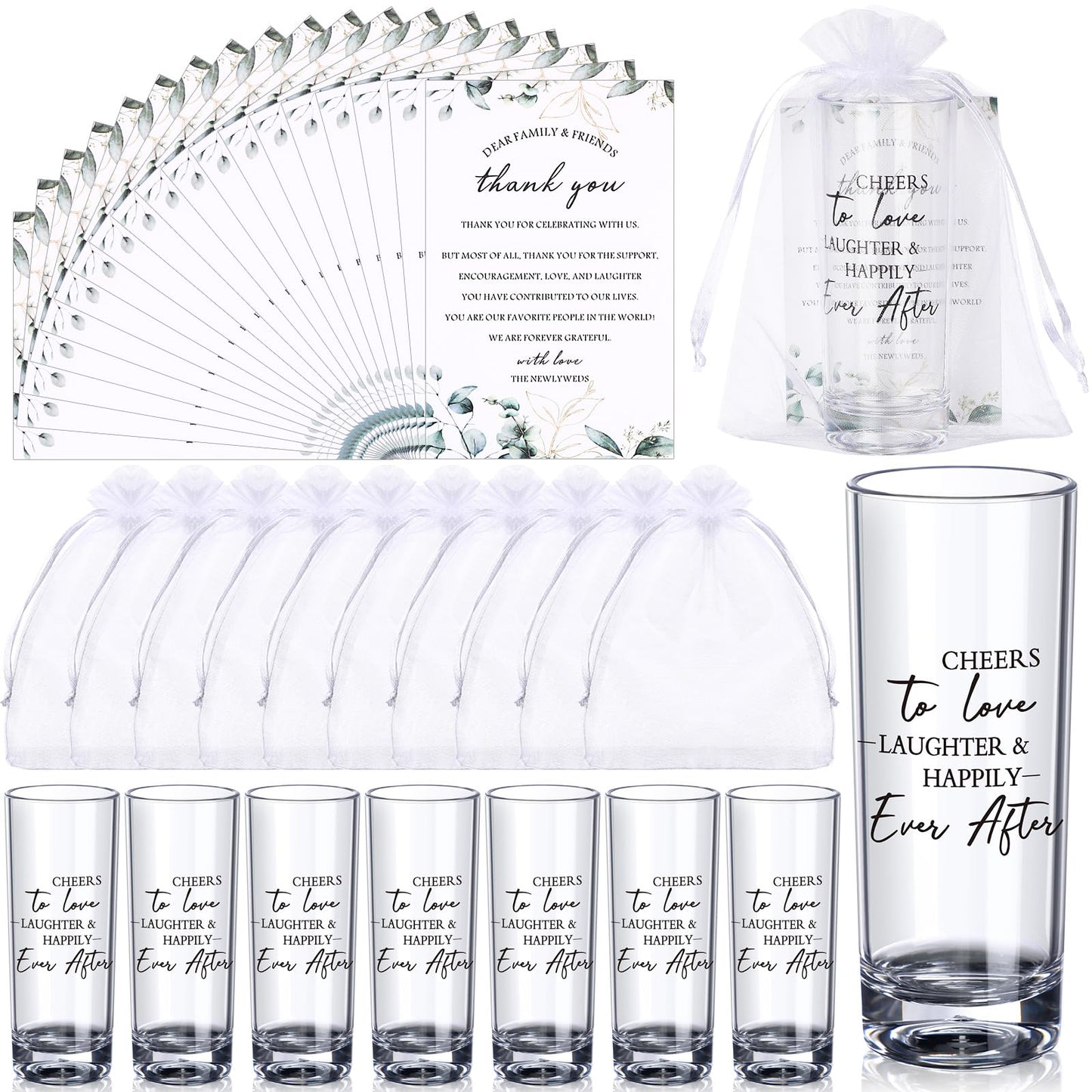 Sliner 100 Set Wedding Favors for Guests Bulk 2oz Acrylic Cheers to Love Shot Glasses with Thank You Cards Organza Bags for Guest Souvenirs (Cylinder,Cheers to Love Laughter and Happily Ever After)