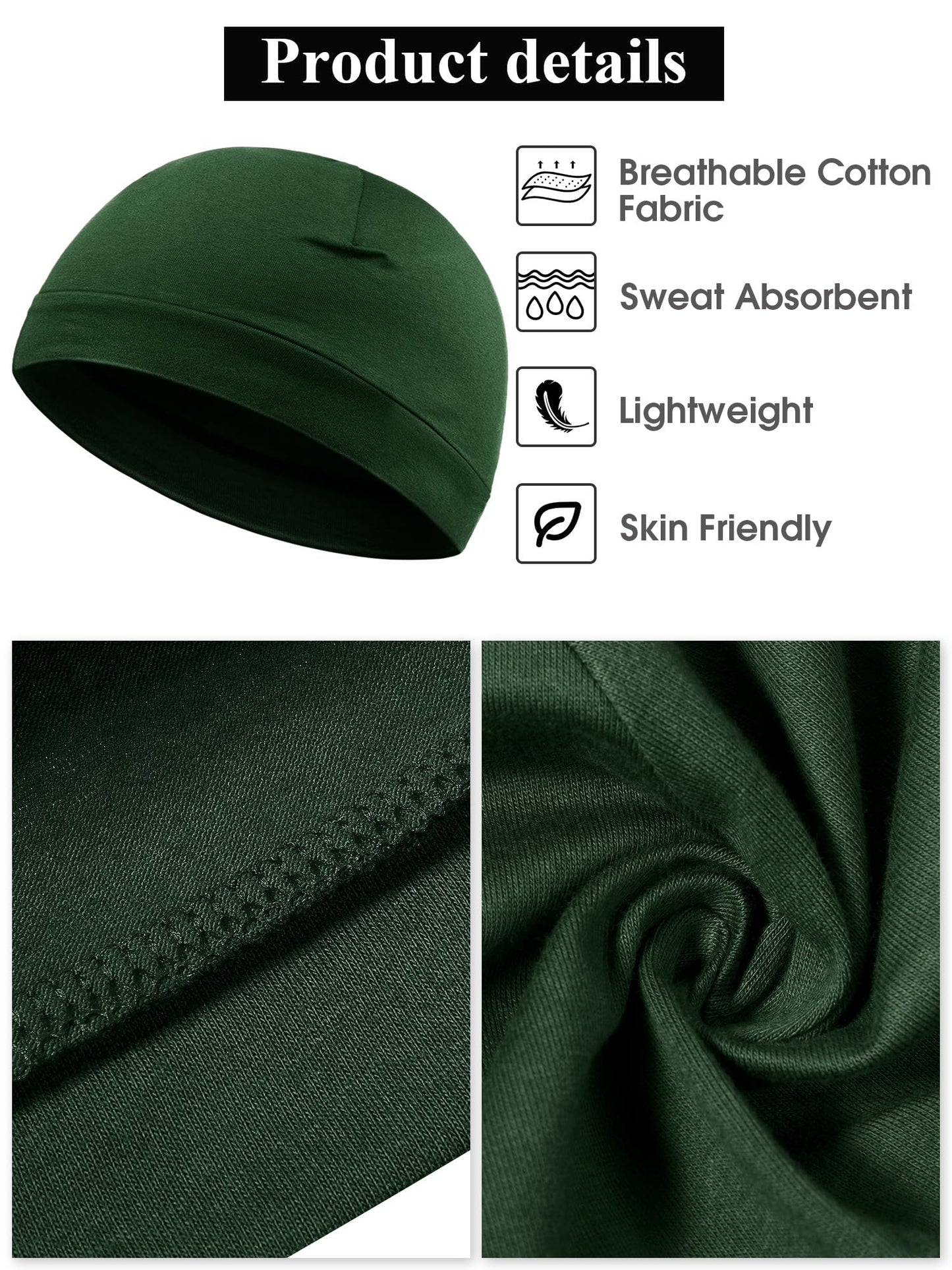 Syhood 4 Pcs Cotton Skull Caps for Men Women Breathable Beanie Thin Sleep Hat Night Running Cap Helmet Liner for Cycling Gym(Army Green, Navy Blue, Black, Dark Blue,Solid Style)