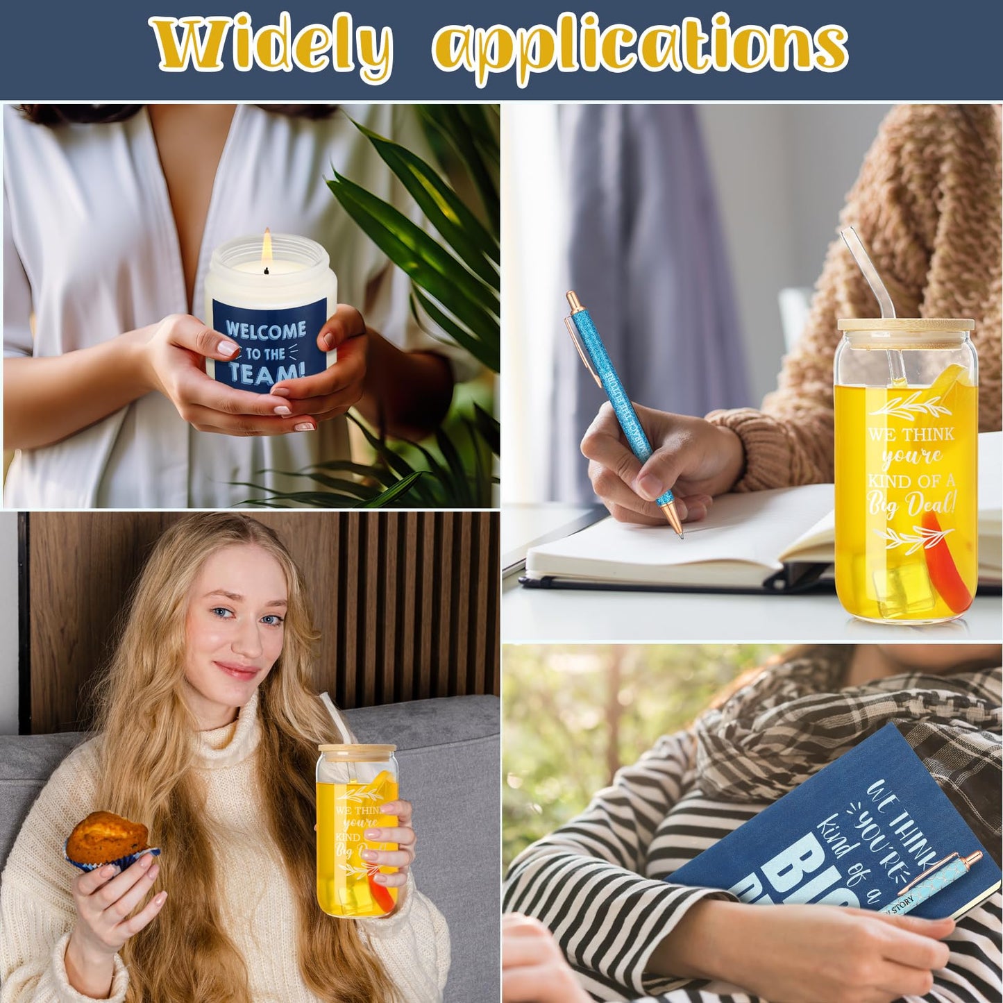 Thenshop 6 Pcs Welcome to the Team Gifts Bulk for New Employee Inspirational Glass Tumbler Notebook Pens Scented Candle with PVC Bag Employee Appreciation Gift Sets for New Coworker Office(Blue)