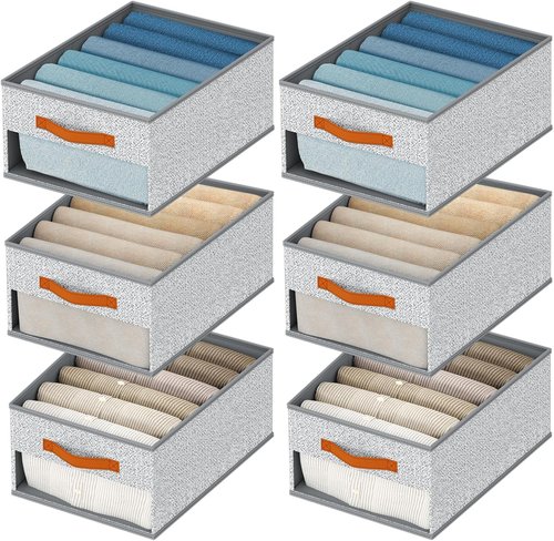 Homsorout Drawer Organizers - 6 Pack Foldable Pants Organizers with Clear Windows & Handles | Light Gray Fabric Storage for Clothes, Jeans, Sweaters & More