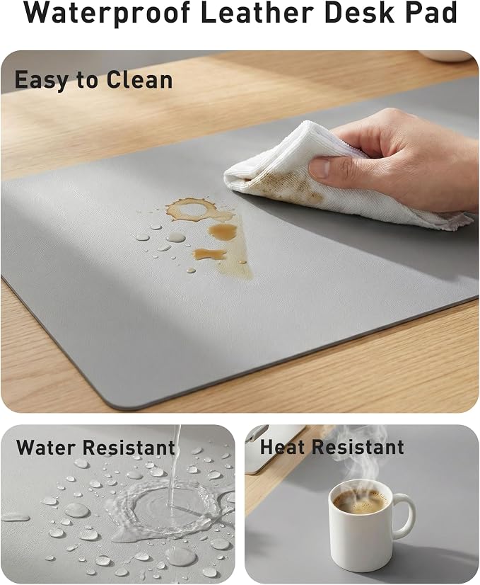 Aothia Faux Leather Desk Mat - Large Mouse Pad, Non-Slip PU Leather Blotter, Waterproof Writing Surface for Office and Home (Light Grey, 40" x 24")