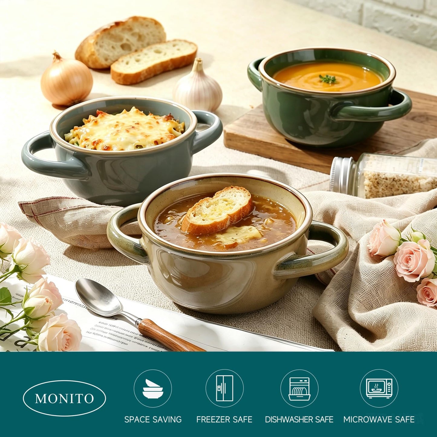 MONITO Ceramic Soup Bowl with Handles, 16 oz French Onion Soup Bowls, Ceramic Soup Bowls for Cereal, Pasta, Chilli, Beef Stew, Stackable Serving Bowl Set of 4 (16 OZ)