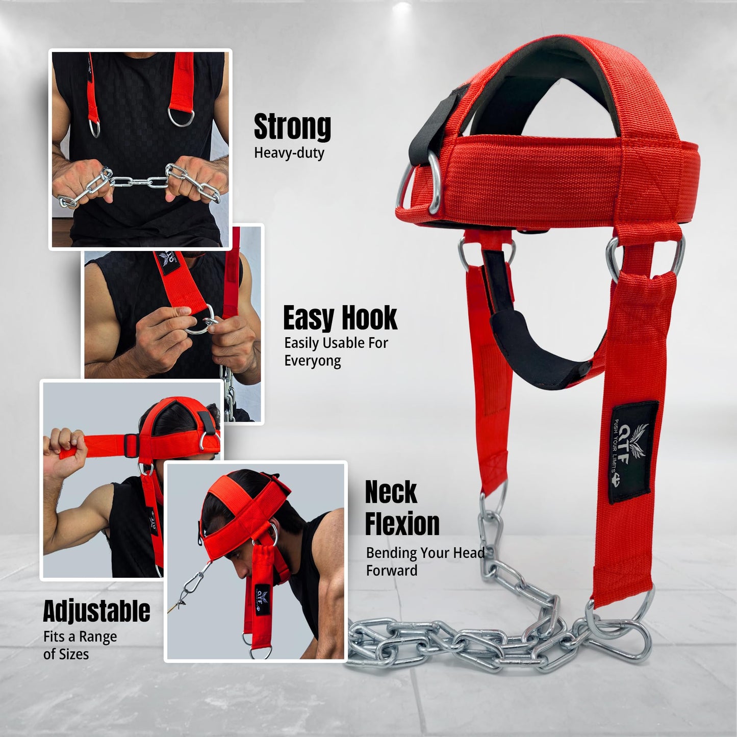 QTF Neck Harness Weight Lifting Training, Neck Builder Thick Neoprene Padded Adjustable Chin & Head Strap, Neck Workout Head Harness Heavy Duty Steel Chain (Red)