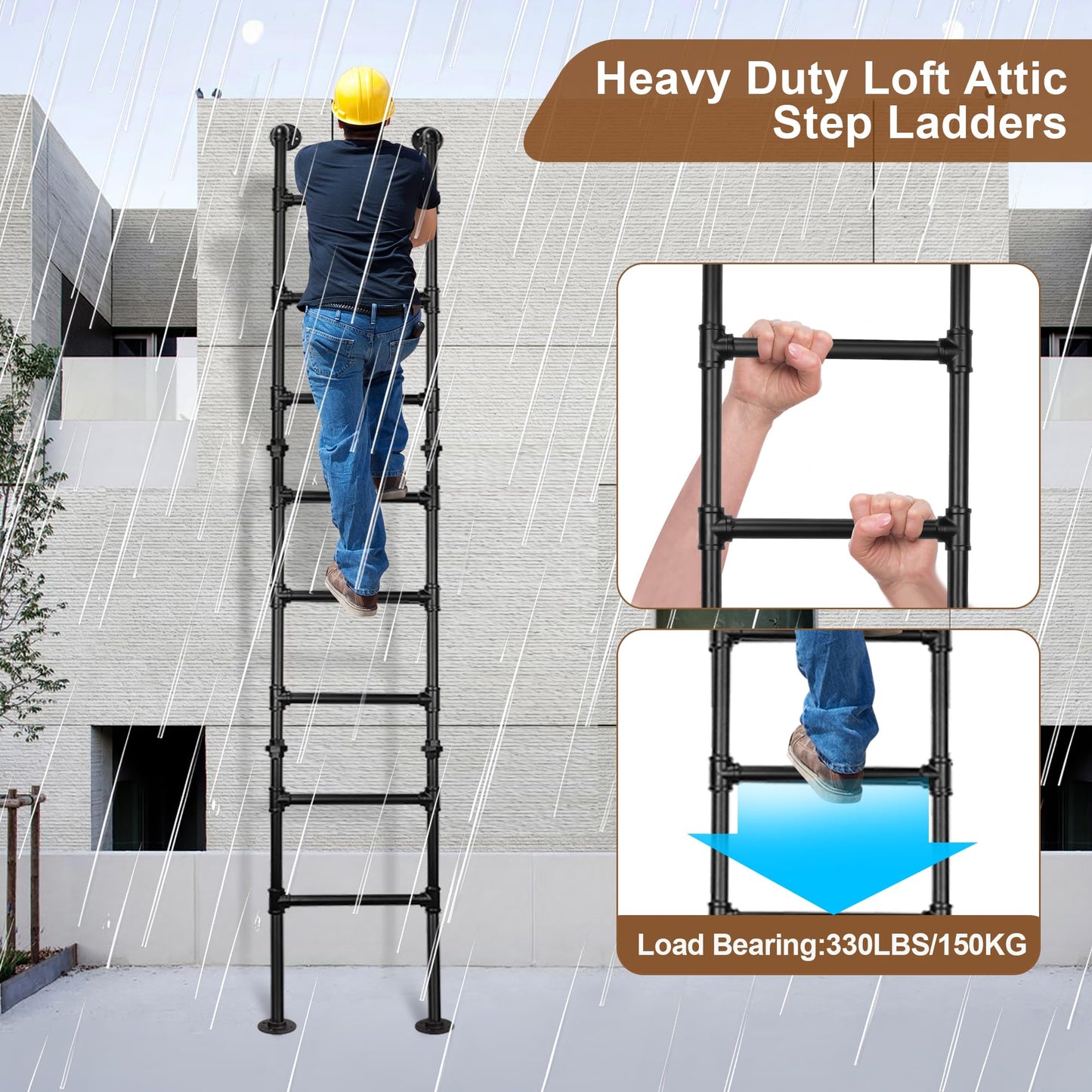 8FT/244CM Ladder for Loft, Wall-to-Floor Window Well Egress Climbing Ladder, Wrought Iron 330lbs Capacity, 8-Rung, Indoor Outdoor for Basements, Attics, Lofts, Dorms & Home