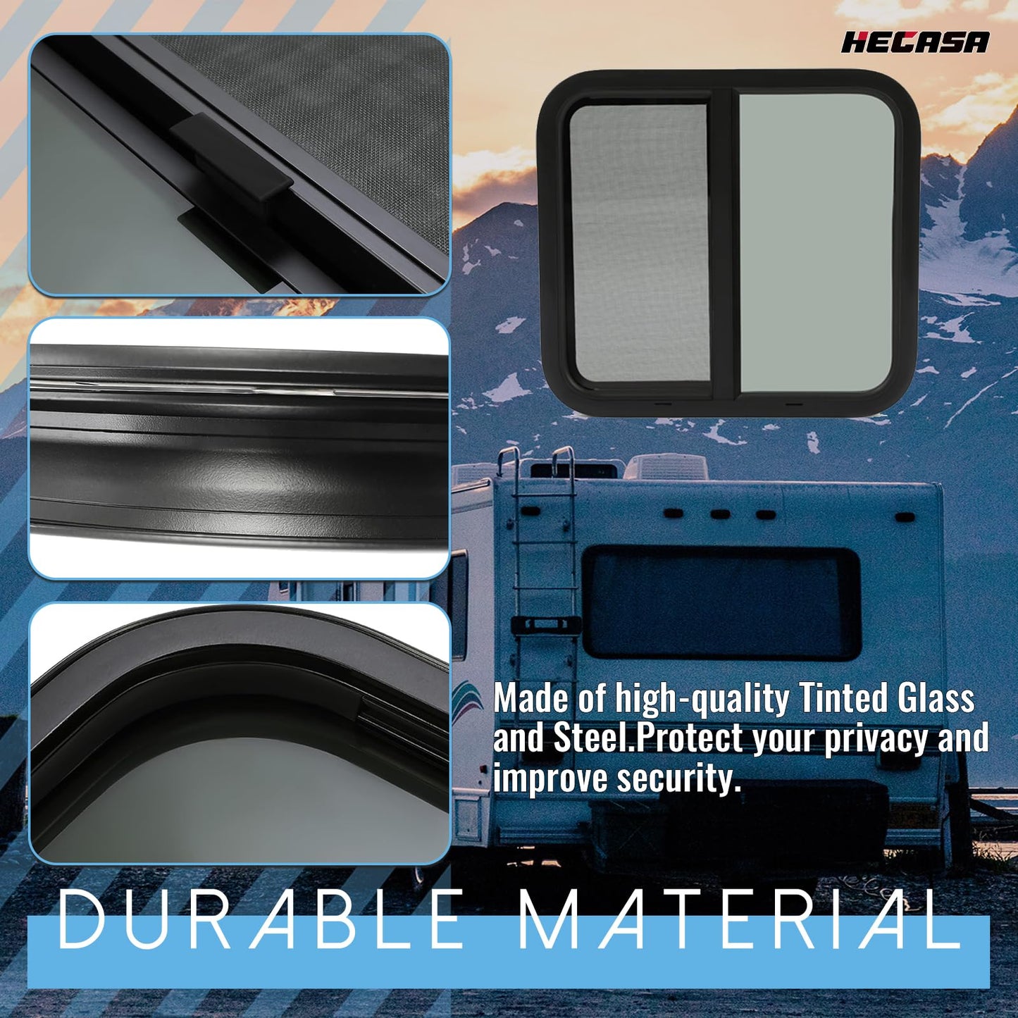 HECASA RV Window Horizontal Sliding 24in W x 22in H, Black Frame & Tinted Glass, Model MO-2283, Glass & Steel Construction