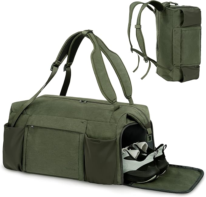 Gym Bag for Men with Shoes Compartment and Wet Pocket Convertible Duffle Bag and Gym Backpack Waterproof Sports Bags for Men with 2 Bottle Holders Weekender Overnight Bag-Dark Green