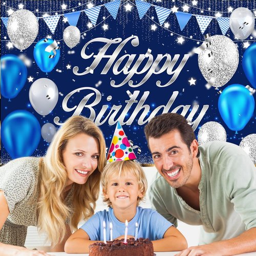 Happy Birthday Banner | Blue & Silver Party Decorations for Men, Women, Boys & Girls