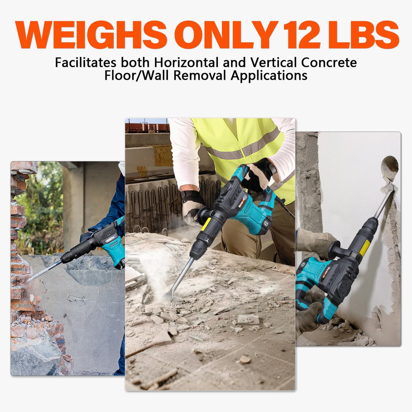 Berserker 1300W 12-Pound SDS-Max Demolition Jack Hammer, 1-9/16" 11-Amp Small Corded Electric Demo Chipping Hammer for Floor Tile Removal, Concrete Breaker with Carrying Case & 3 Chisels