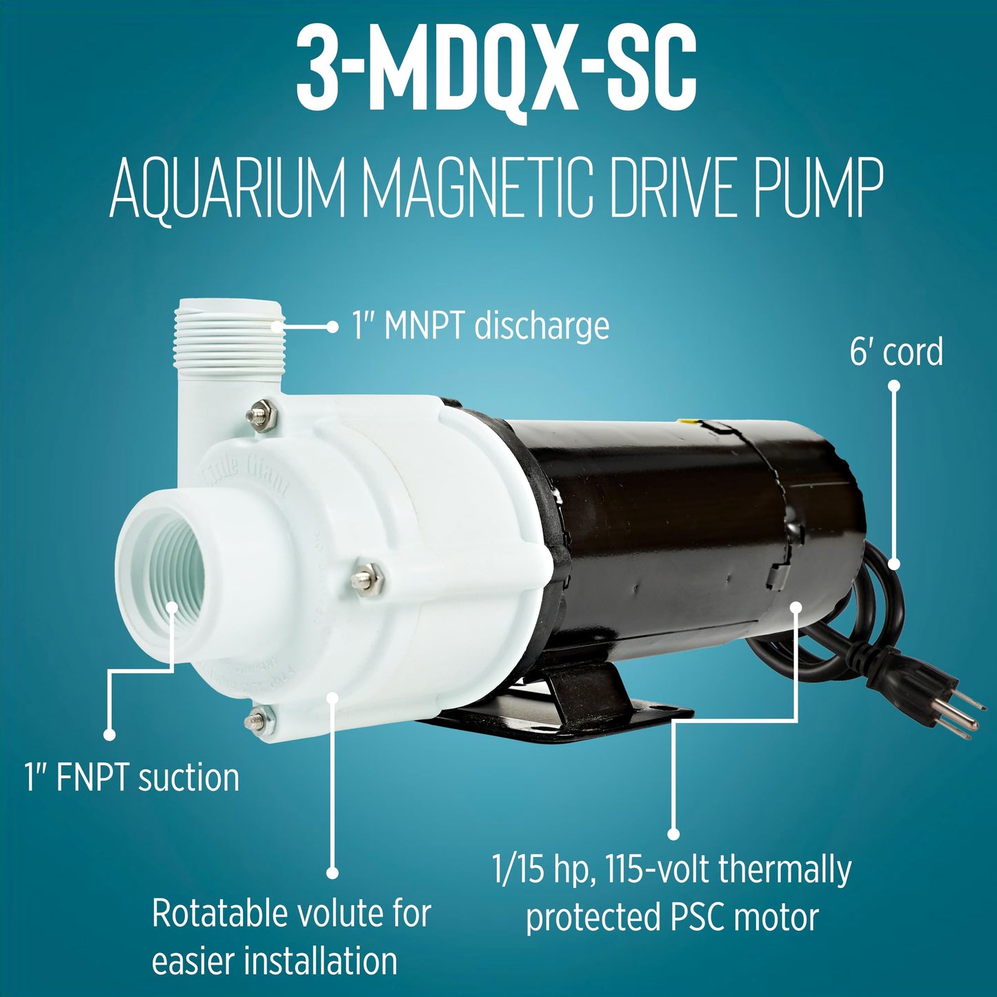 Little Giant 3-MDQX-SC 115-Volt, 1/15 HP, 1000 GPH, Non-Submersible Magnetic Drive Free Flow Aquarium Circulation Pump, 6-Ft. Cord, Black/White, 581507