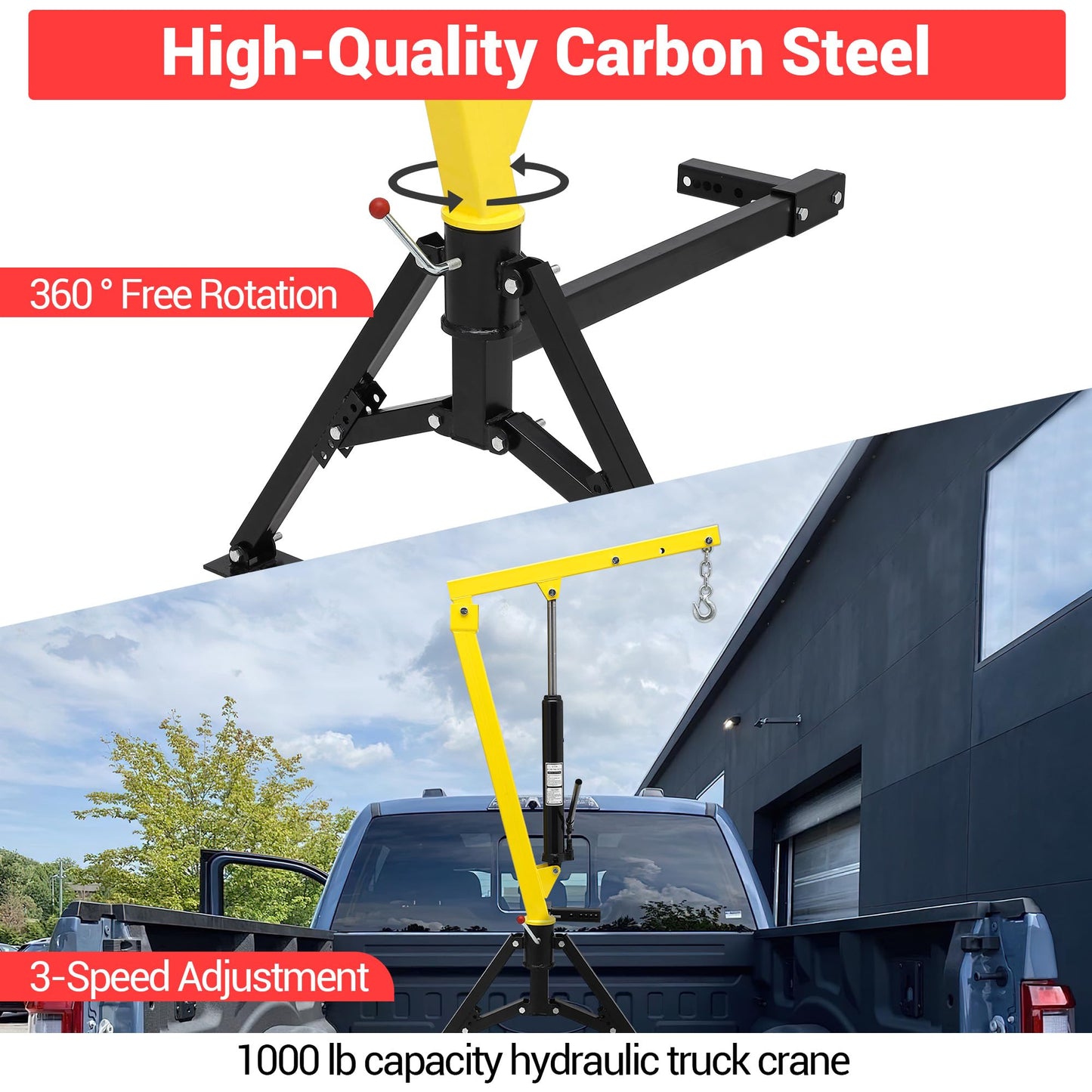 PioneerWorks 1000 LBS Pickup Truck Crane, Heavy-Duty Hydraulic Truck-Mounted Crane with 360° Swivel & 3 Adjustable Booms for Construction, Industry & Forestry
