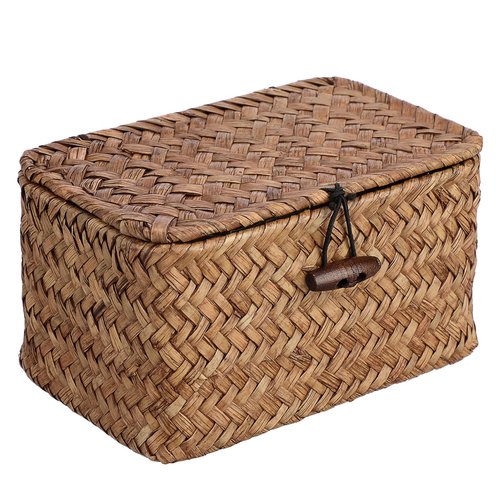 GUSHBIN Handwoven Wicker Storage Basket Small Seagrass Box with Lid Multipurpose Table Organizer for Dental Floss Paper Clip Holder, 6.1" x 4" x 3.3"
