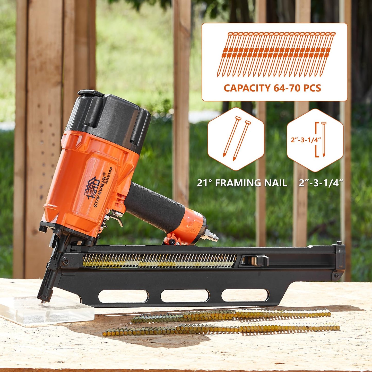 Stafanailer NR2183 High Speed Framing Nailer with Aluminum Magazine, 21 Degree Pneumatic Framing nail gun, 2-Inch up to 3-1/4-Inch Collated Full Head Framing Nails, Framing, Wooden House Building