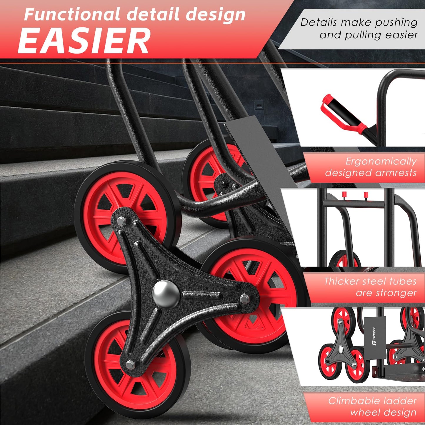Stair Climbing Hand Truck 440lb，Heavy Duty Dolly Cart for Stairs，Thickened Upgraded Steel Tube Folding Stair Climbing Trolley with Six Wheels and Telescoping Handle