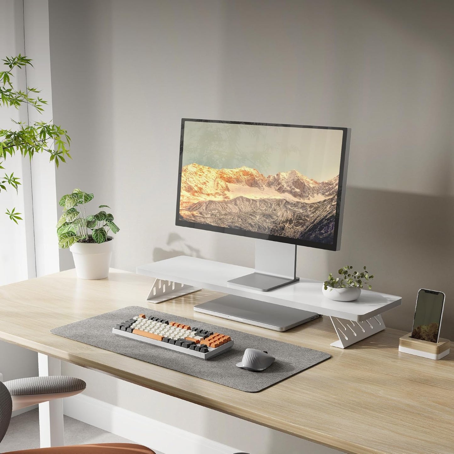 2 Fenge Monitor Stand Riser, Desk Top Shelf for Monitors, Computer Stands for Desk, Wood & Steel Desktop Riser