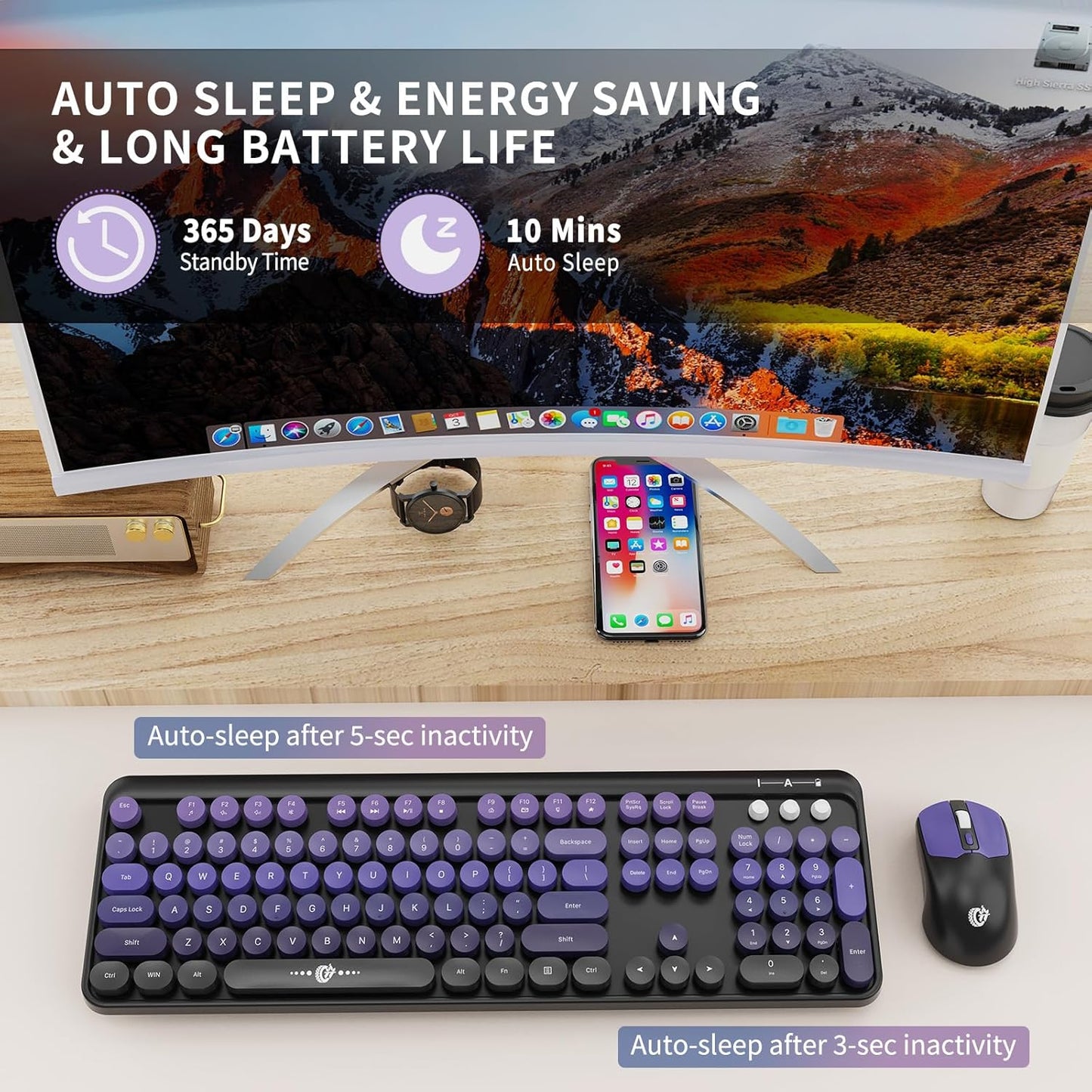 FOPETT 2.4G 104 Wireless Keyboard and Mouse Combo - Full-Sized Cute Colorful Mouse and Keyboard with Round Keys Retro