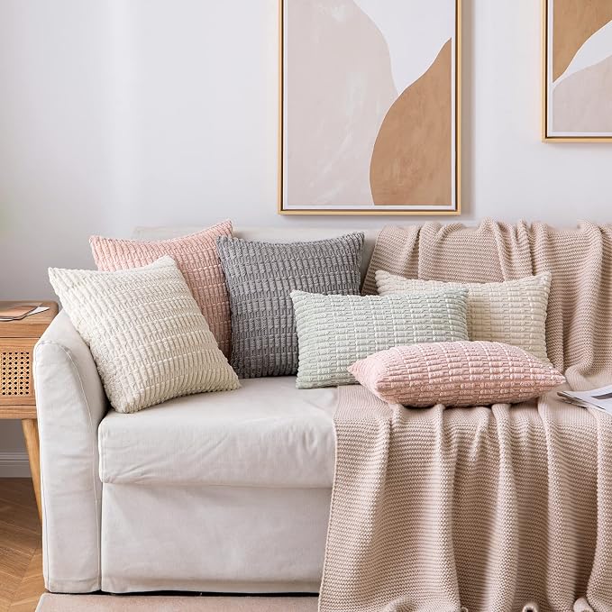 MIULEE Pack of 2 Corduroy Decorative Throw Pillow Covers 12x20 Inch Soft Boho Striped Pillow Covers Modern Farmhouse Home Decor for Spring Sofa Living Room Couch Bed Pink