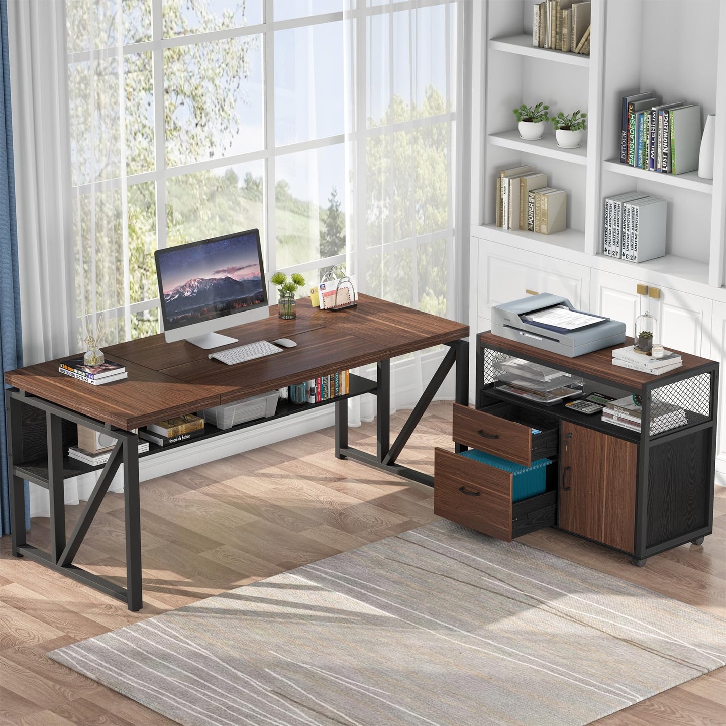 Tribesigns 63" Executive Deskwith Drawer Cabinet, L Shaped Desk and lateral File Cabinet, 2 Piece Home Office Furniture Set with Drawers for Hanging, Doors with Locks (Dark Brown, 63 inches)