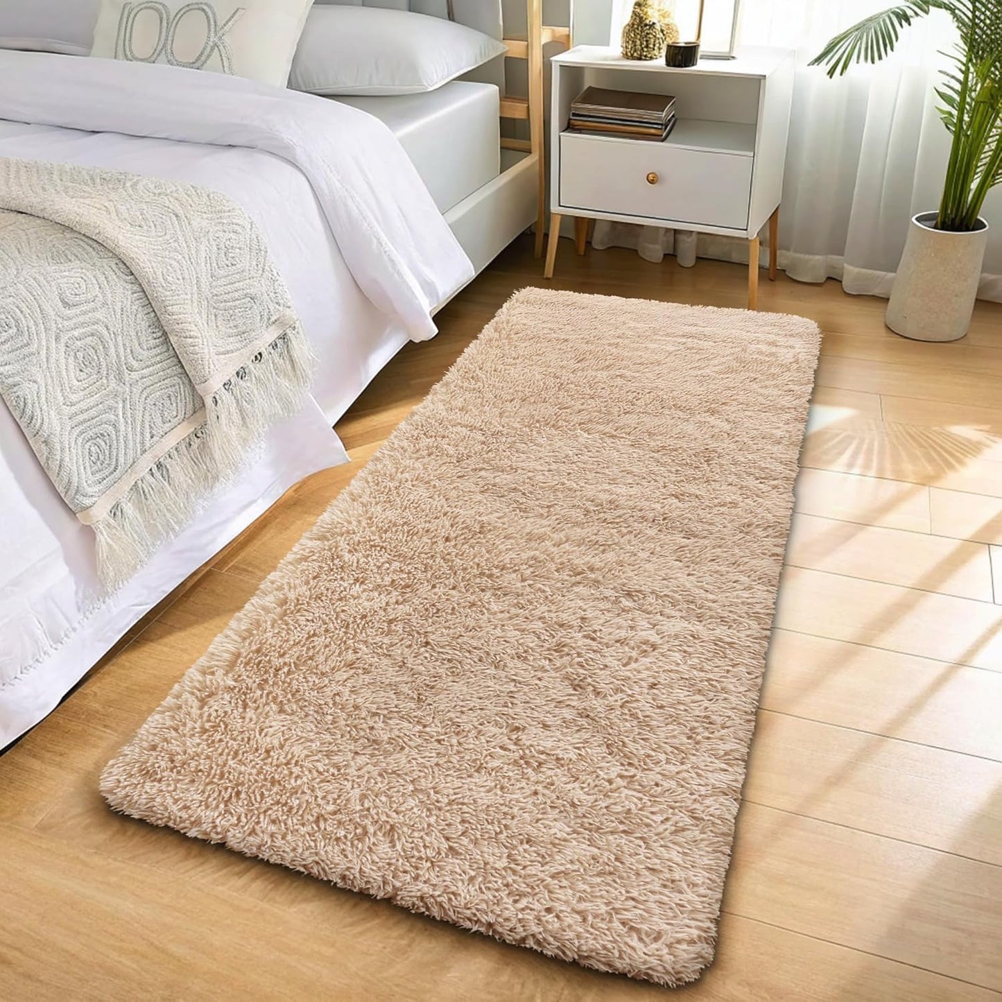 OLANLY Machine Washable 2x6 Runner Rug - Soft Fluffy Shaggy Carpet for Bedroom & Hallway | Beige