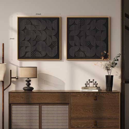 Framed 3D Black Abstract Wood Wall Art - Set of 2 Modern Geometric Paintings | Minimalist Decor 24x24 Inch