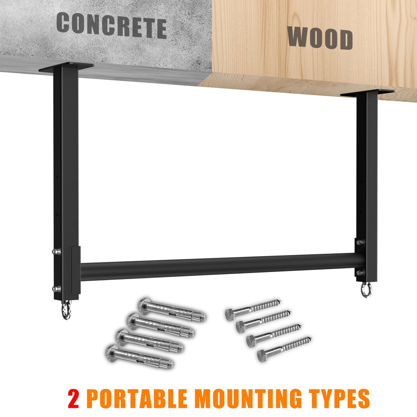 HWOOUSA Ceiling Mounted Pull Up Bar, 3 Adjustable Heavy Duty Pull Up Bars, 16"/24" Rafter Chin Up Bar, Ceiling Joist for Garage/Gym/Basement with Comfortable Grip & Round Anchors, Heavy Duty 700 LBS,Black