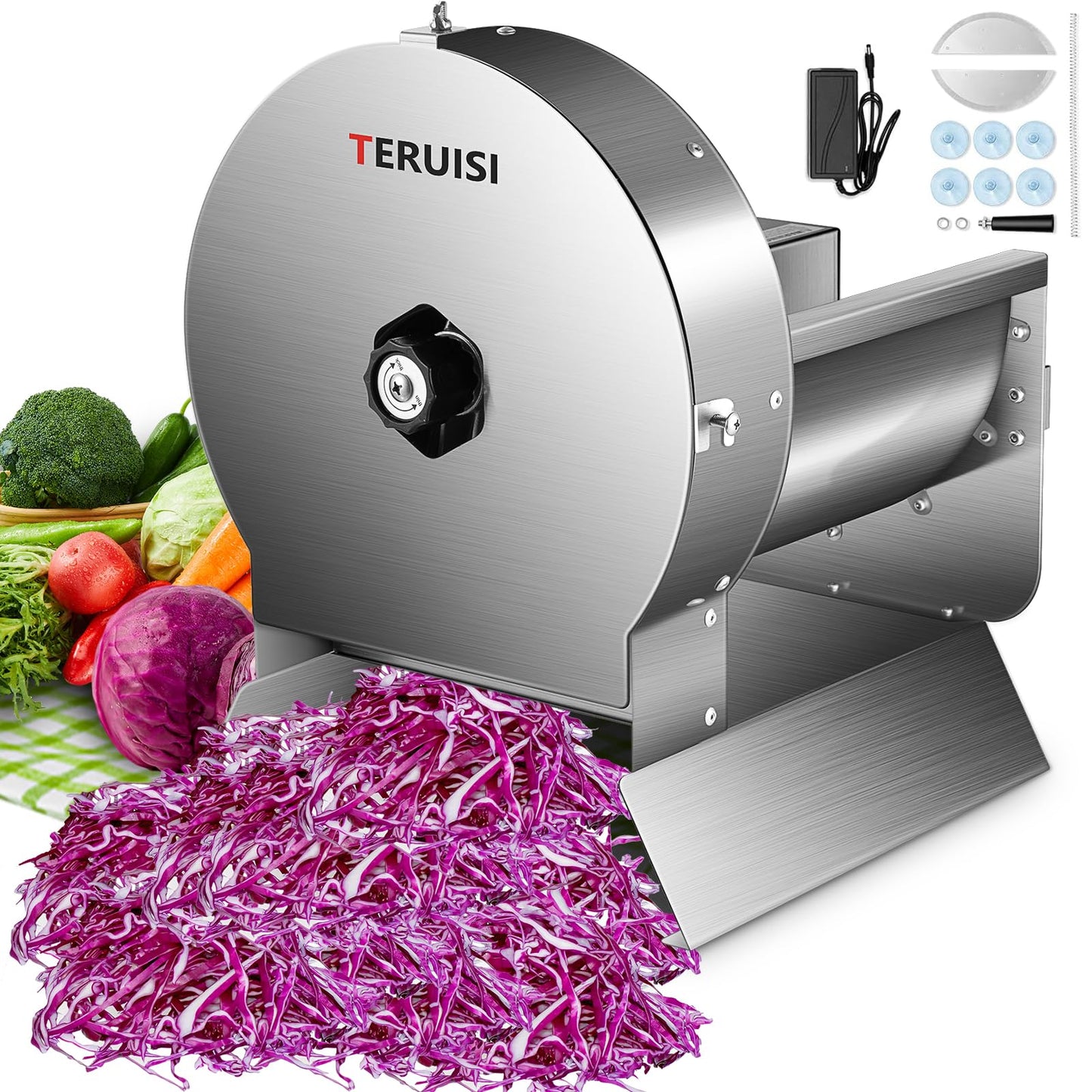 TERUISI Electric Vegetable Slicer, 120W Commercial Fruit Cutter Machine with 0-0.5'' Thickness Adjustable, Stainless Steel 2 IN 1 Manual & Electric Food Slicer for Lemon Potato Onion Tomato, 110V