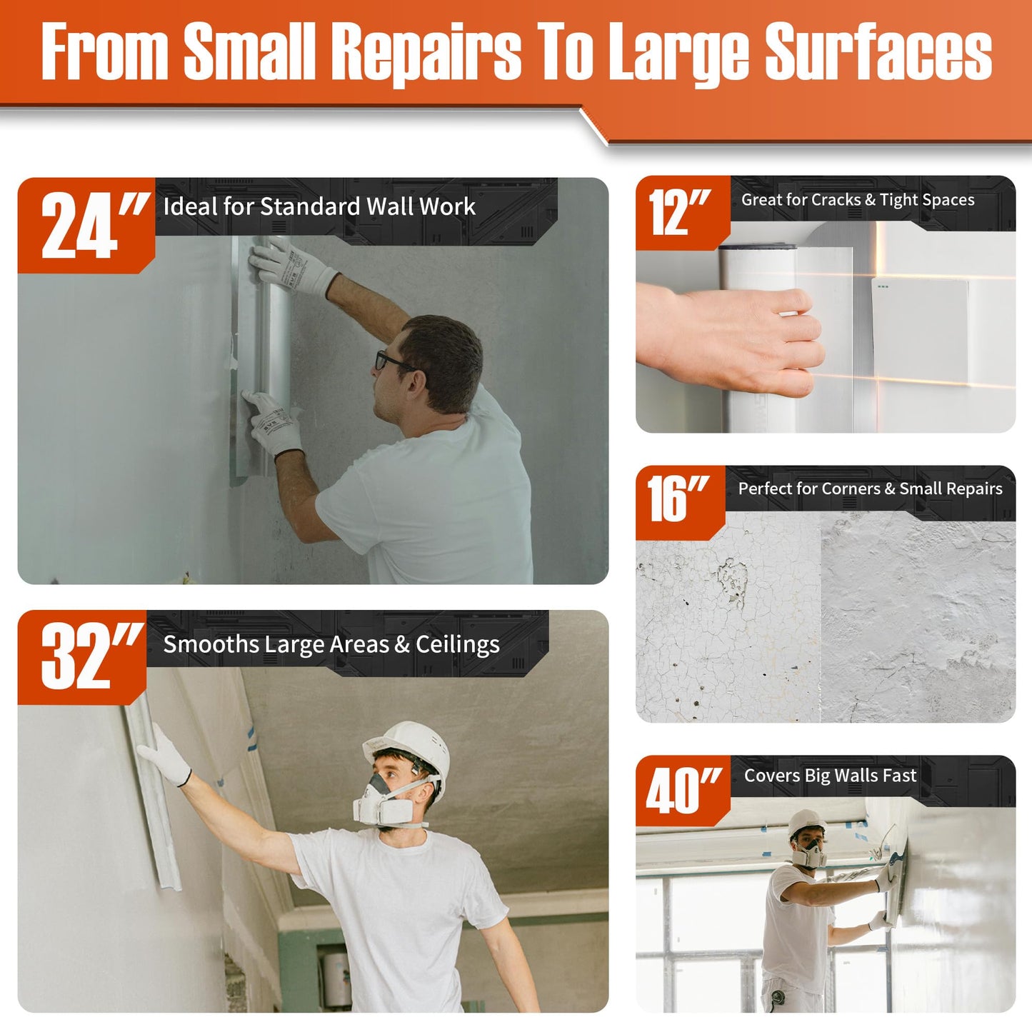 Professional Drywall Skimming Blade Kit (12", 16", 24", 32" & 40"), Stainless Steel Wall Finishing Tools with Extension Pole, Roller & Putty Knife, Lightweight Set with Carrying Case