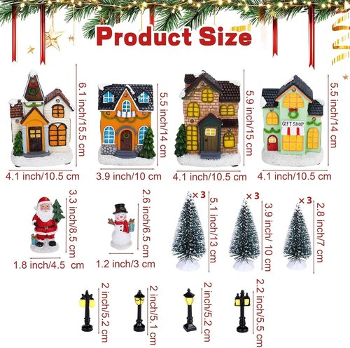 Aneco 19-Piece Christmas Village Set | Resin Houses, Santa & Snowman Figurines, LED Lights, Pine Trees for Winter Decor