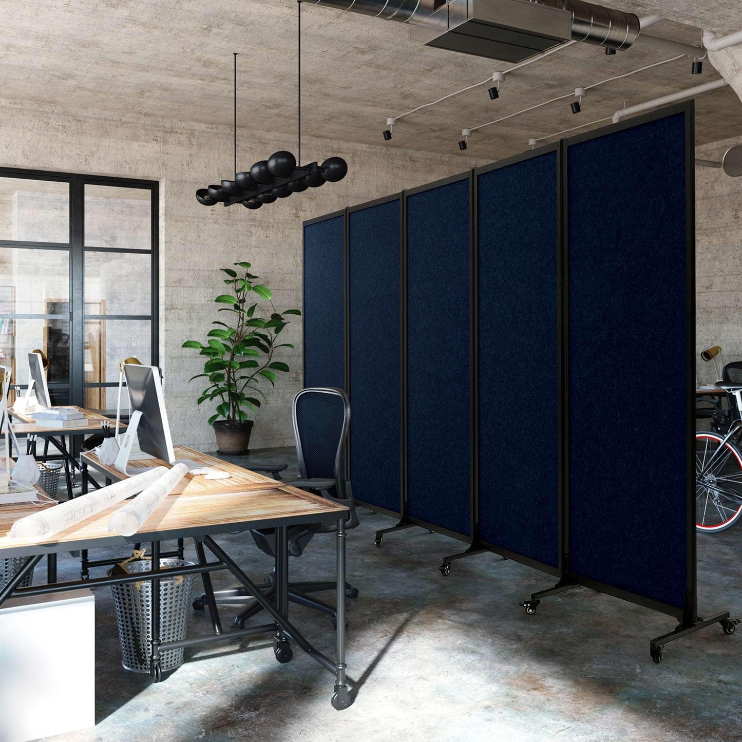Upgrade Version Room Partition and Divider, Freestanding Rolling Dividers with Wheels,Office Privacy Screen Divider Wall,Classroom Felt Dividers,10'6"L* 6'7"H,5 Panel,Blue