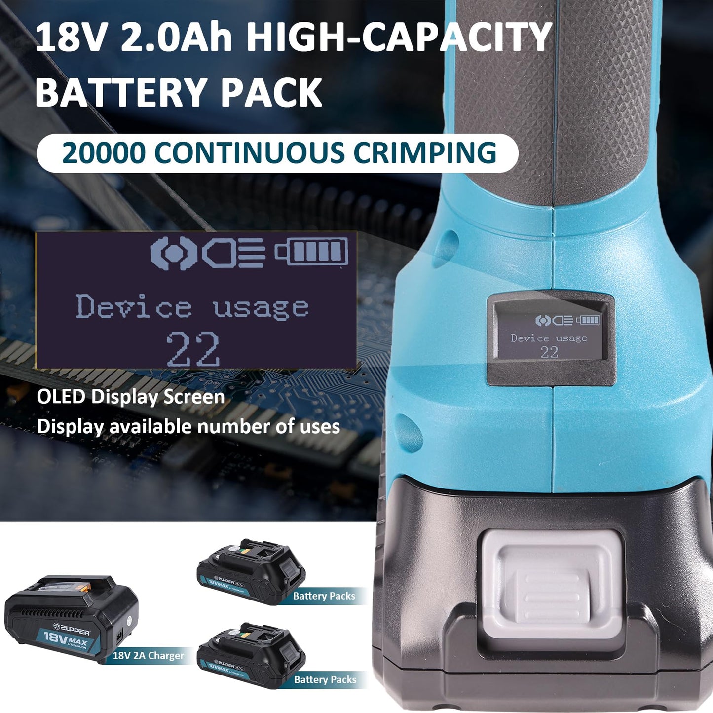 ZUPPER Press Tool, 18V Electric Copper Pipe Crimping Tool with 3 Press Jaws 1/2” 3/4” 1”,Brushless Motor,2pcs 2Ah Battery Fast Charger & Carrying Case