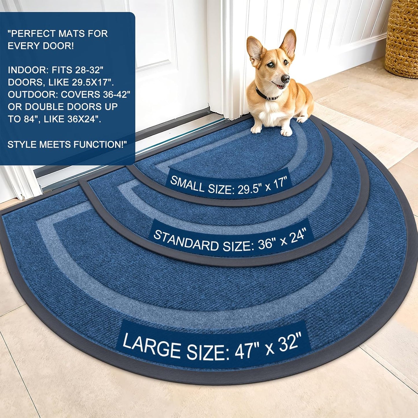 OLANLY Half Circle Door Mat - Waterproof All-Season Indoor/Outdoor Welcome Mat | 58x23 Light Blue