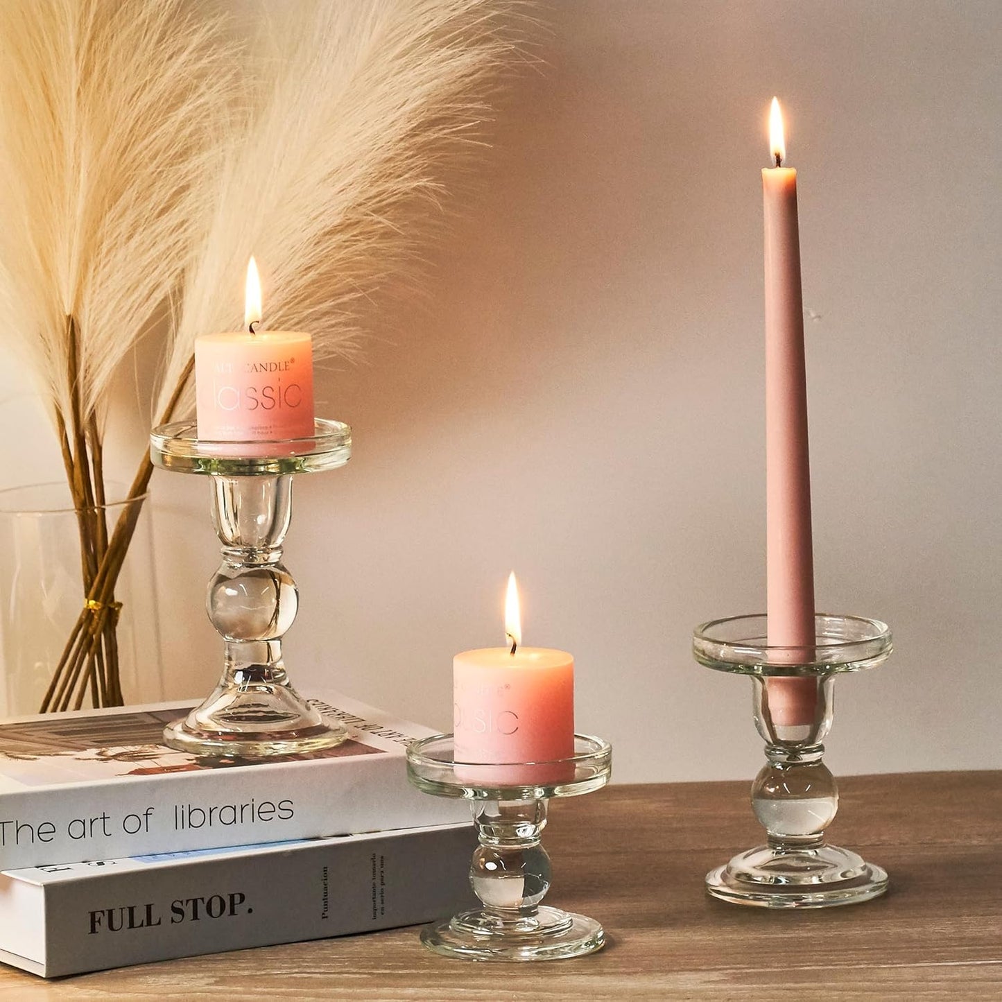 Skiennix Clear Candle Holder Set - 3 Pcs Glass Pillar Holders for Taper Candles | Elegant Design