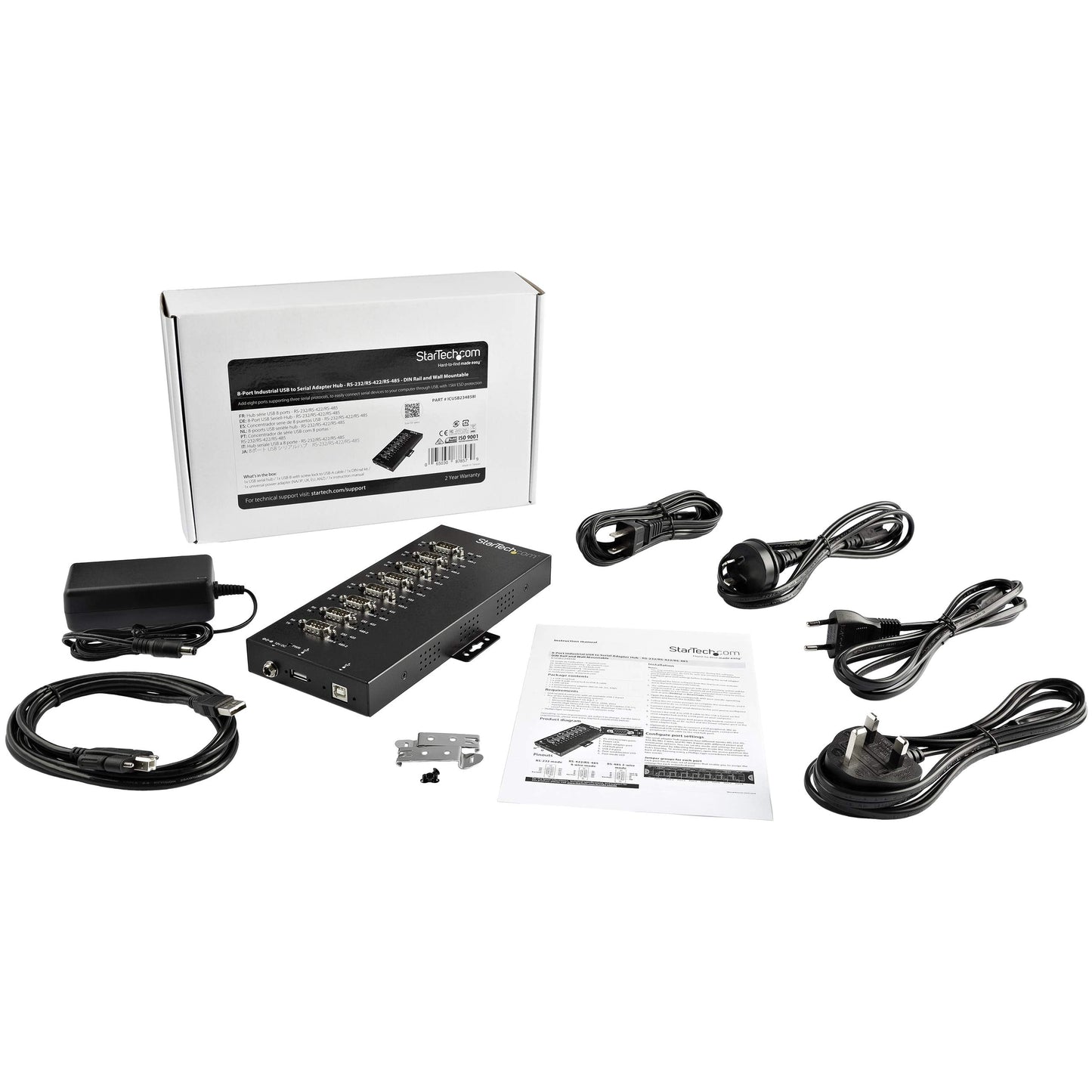 StarTech.com 8 Port Serial Hub USB to RS232/RS485/RS422 Adapter - Industrial USB 2.0 to DB9 Serial Converter Hub - IP30 Rated - Din Rail Mountable Metal Serial Hub - 15kV ESD Protection, TAA