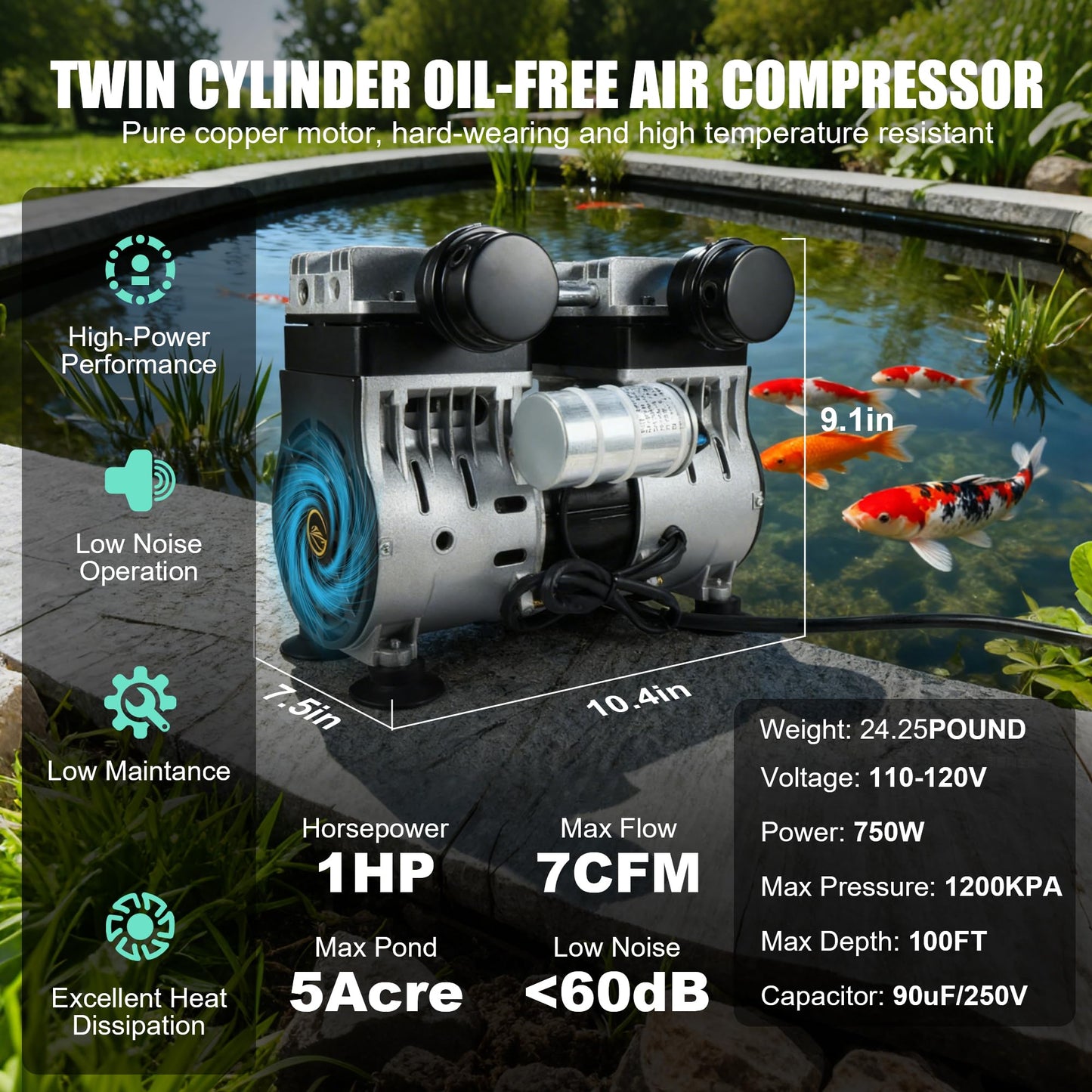 Goldlife A1 Pond Aerator, 1HP 750W 110V/120V 7CFM Aerartion System for Up to 5 Acre Lake, With Air Compressor & 2 100FT Tubings & 2 Diffusers & Timer, for Outdoor Ponds Water Oxygen Circulation