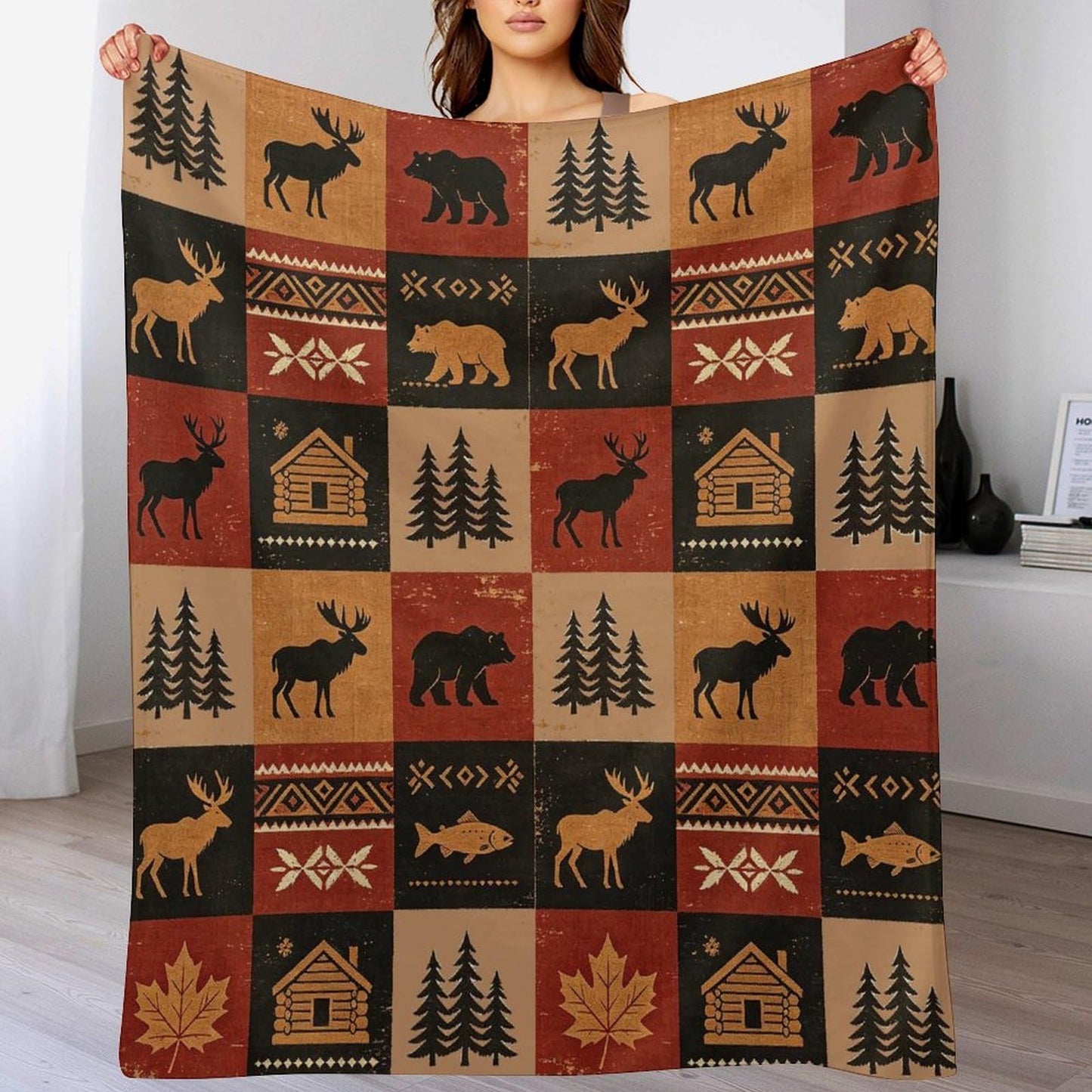 Bear Rustic Cabin Moose Blanket Soft Flannel Farmhouse Throw Blanket Gifts for Adults Cozy Blanket for Red Black Check Farmhouse Art All Season Couch Bed Sofa Home Decor, 50"x60"