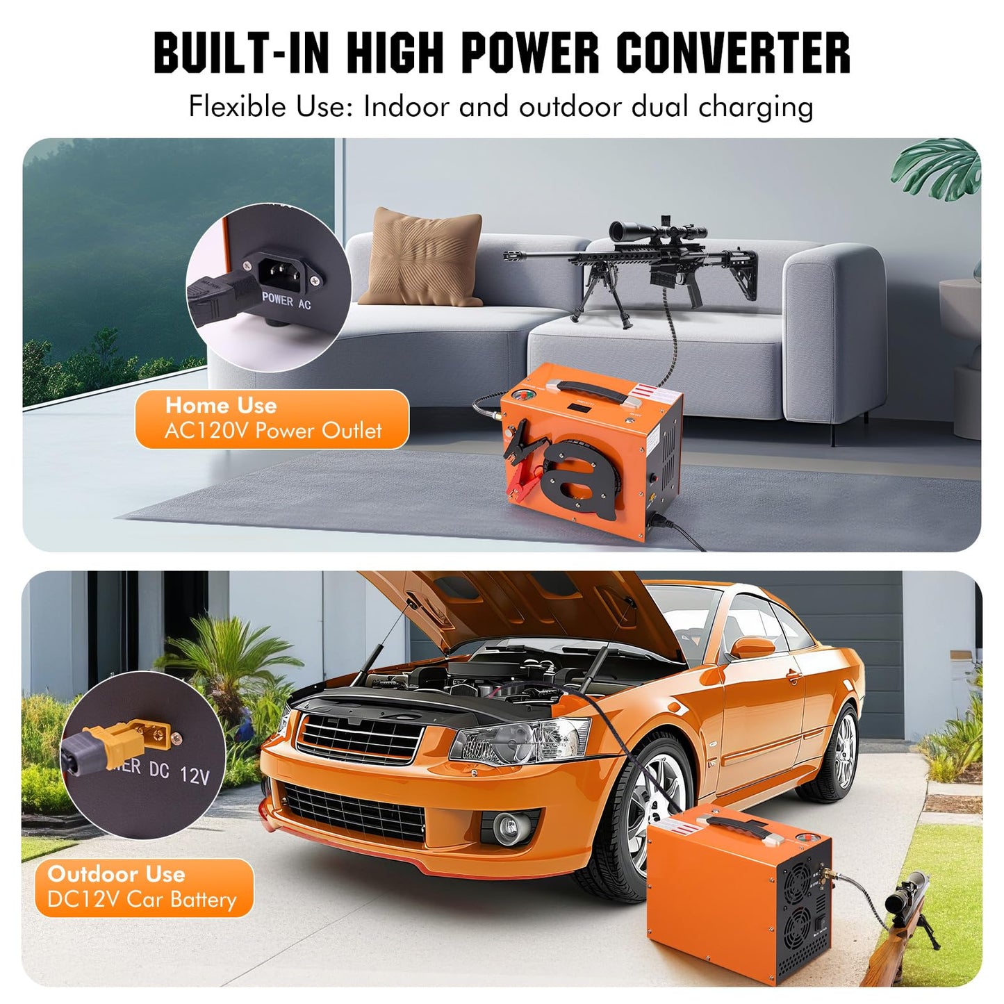 PCP Air Compressor with Atuo Shut-Off, Portable 4500Psi/30Mpa, Water/Oil-Free, One Button Start, Bursting Disc, 12V DC/120V AC PCP Airgun Compressor, Rifle/Pistol and Paintball Tank Air Pump (Orange)