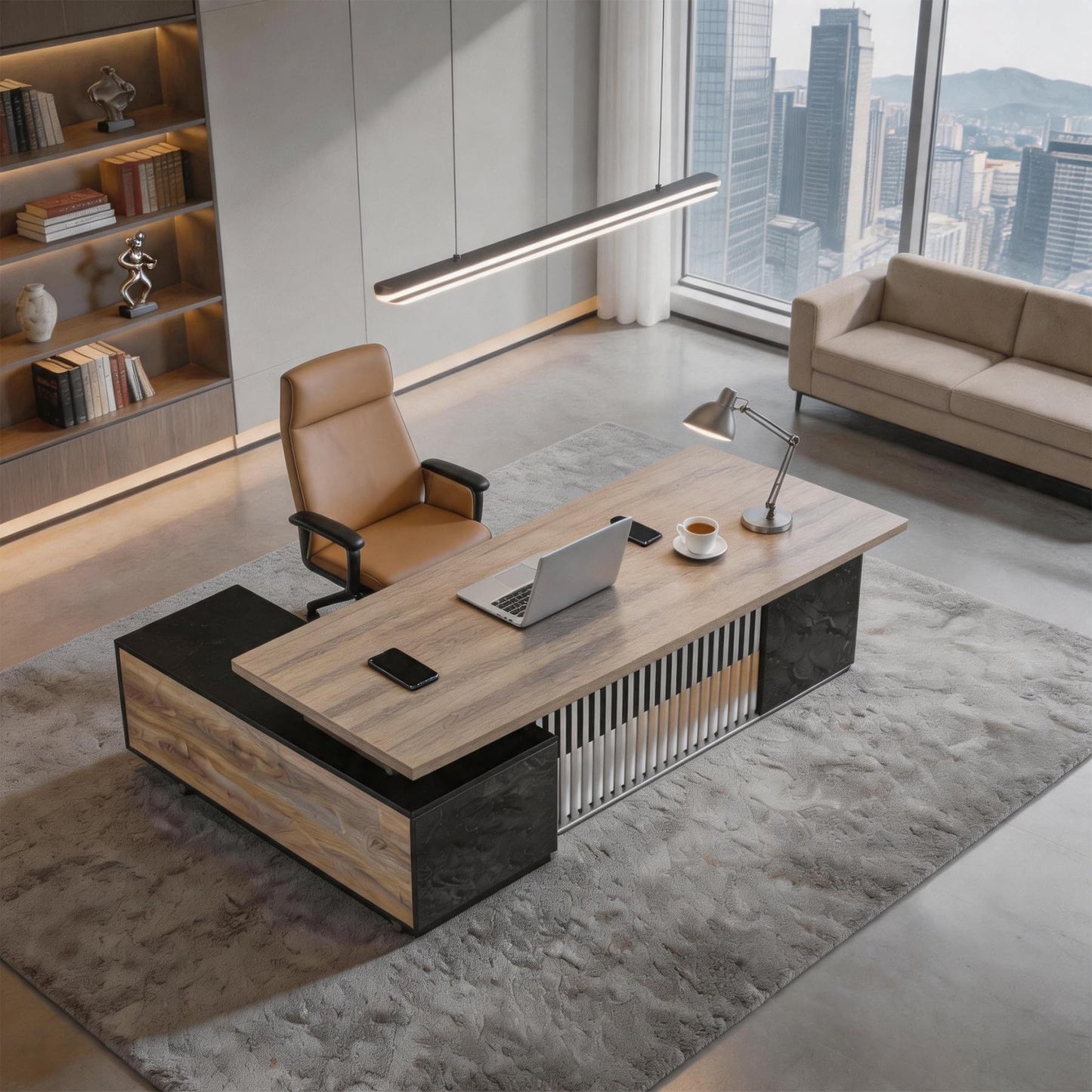 SAINTCY L-Shaped Executive Desk, Industrial Office Desk with Drawer & Cabinet, Large Wood Desktop, Unique Stainless Steel Privacy Screen (Right Return, 70.86")