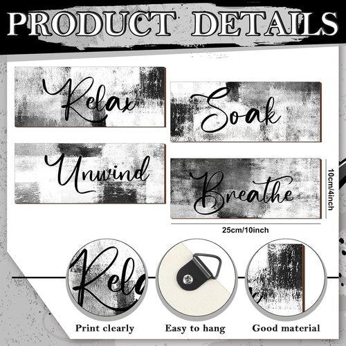 Maitys Bathroom Wall Art - 4 Pcs Rustic Wood Decor for Soak & Unwind | 10 x 4 Inch Black & White Signs