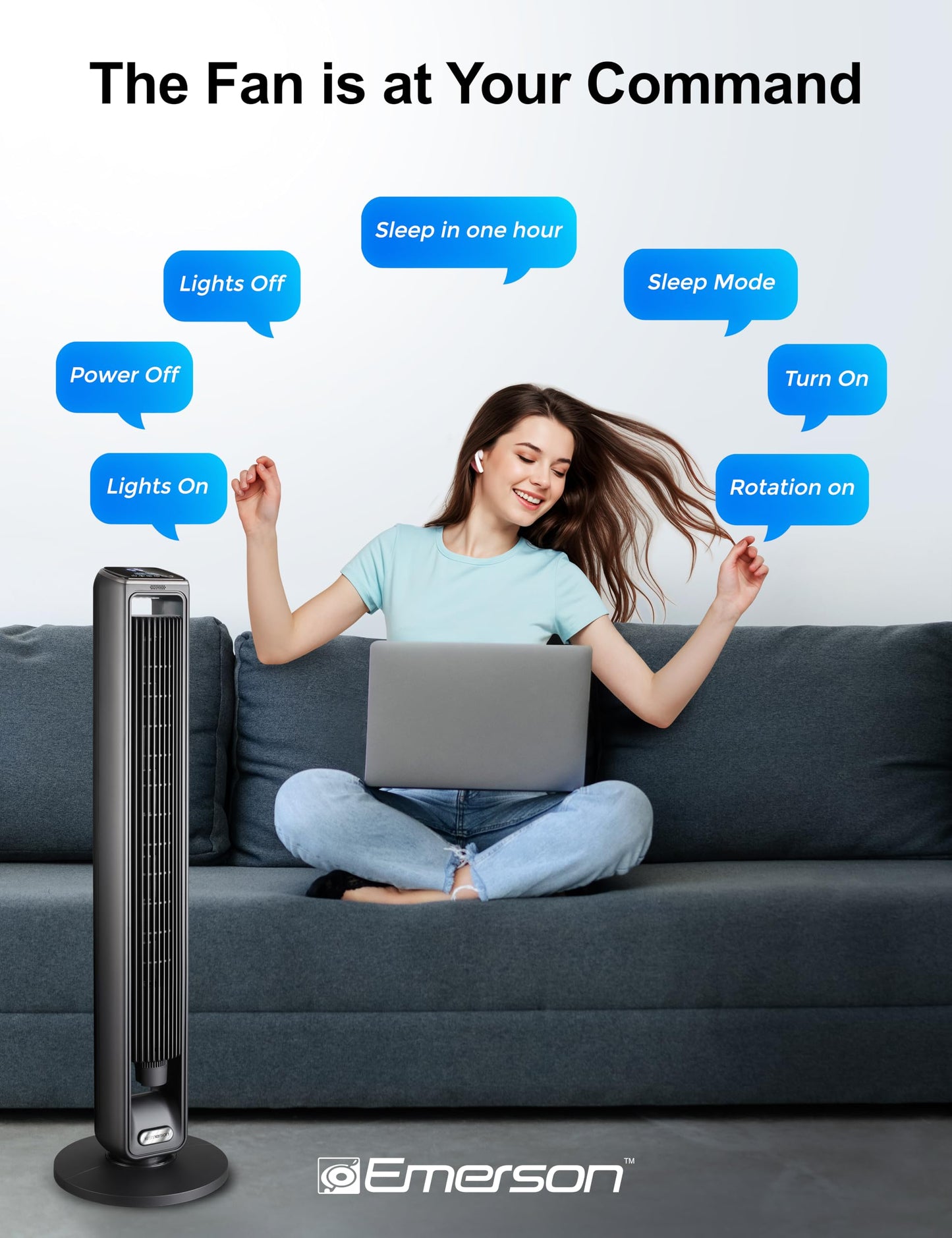 Emerson SmartVoice 42” Tower Fan, Wi-Fi-free Voice Control, No APP, No WIFI, No Setup, 70° Oscillating, 3 Wind Speeds, 15-Hr Timer, Oil Diffuser, Built-in Lighting, Remote Control