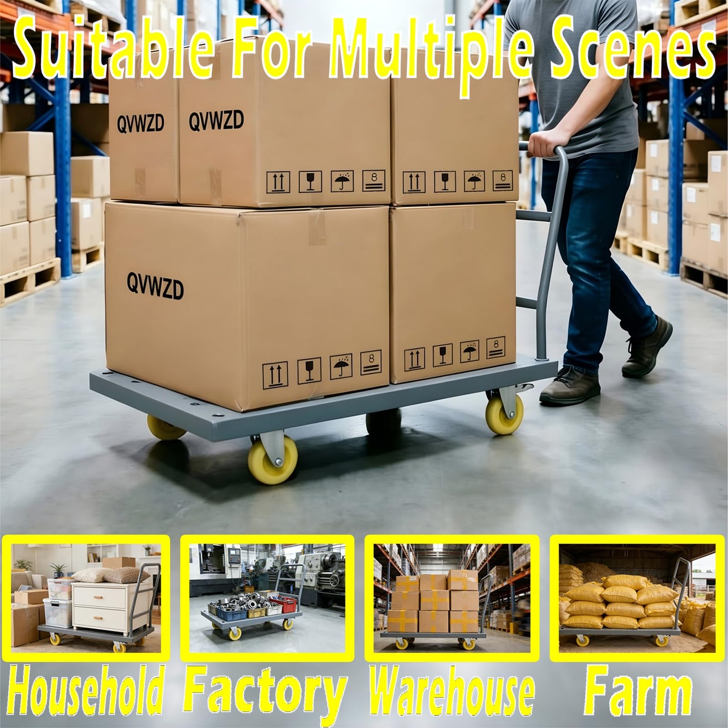 QVWZD Heavy Duty Steel Platform Truck, 47" L x 23.8" W x 32.7" H Flat Cart, Hand Trucks with Nylon Casters, 2000 lbs Capacity Steel Reinforced Flat Cart, Multi Use Utility Dolly for Warehouse Garage