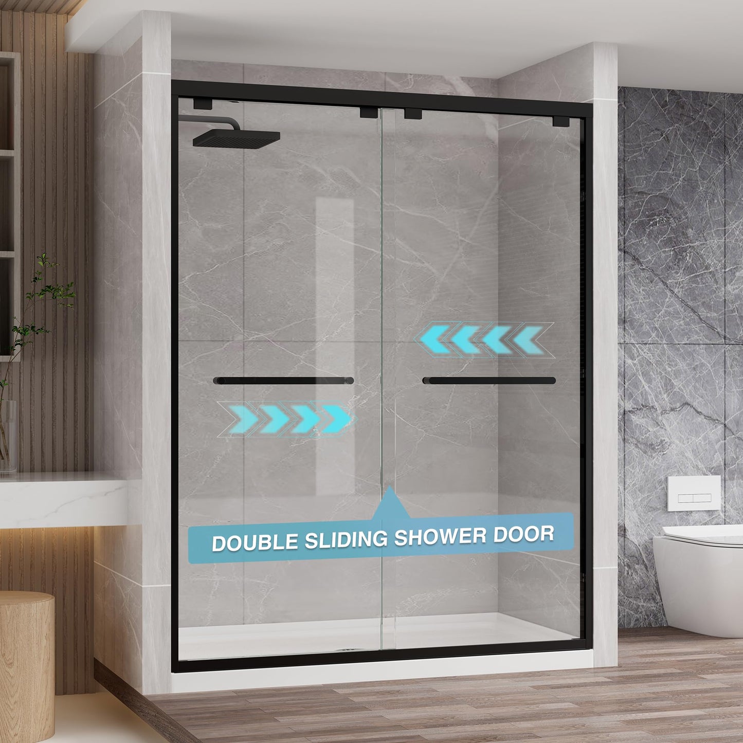 KPUY Glass Shower Door, 55-60" W x 76" H Semi-Frameless Double Sliding Shower Door, 1/4" (6mm) Thick Tempered Clear Glass with Explosion-Proof Film Nano Coating, Matte Black