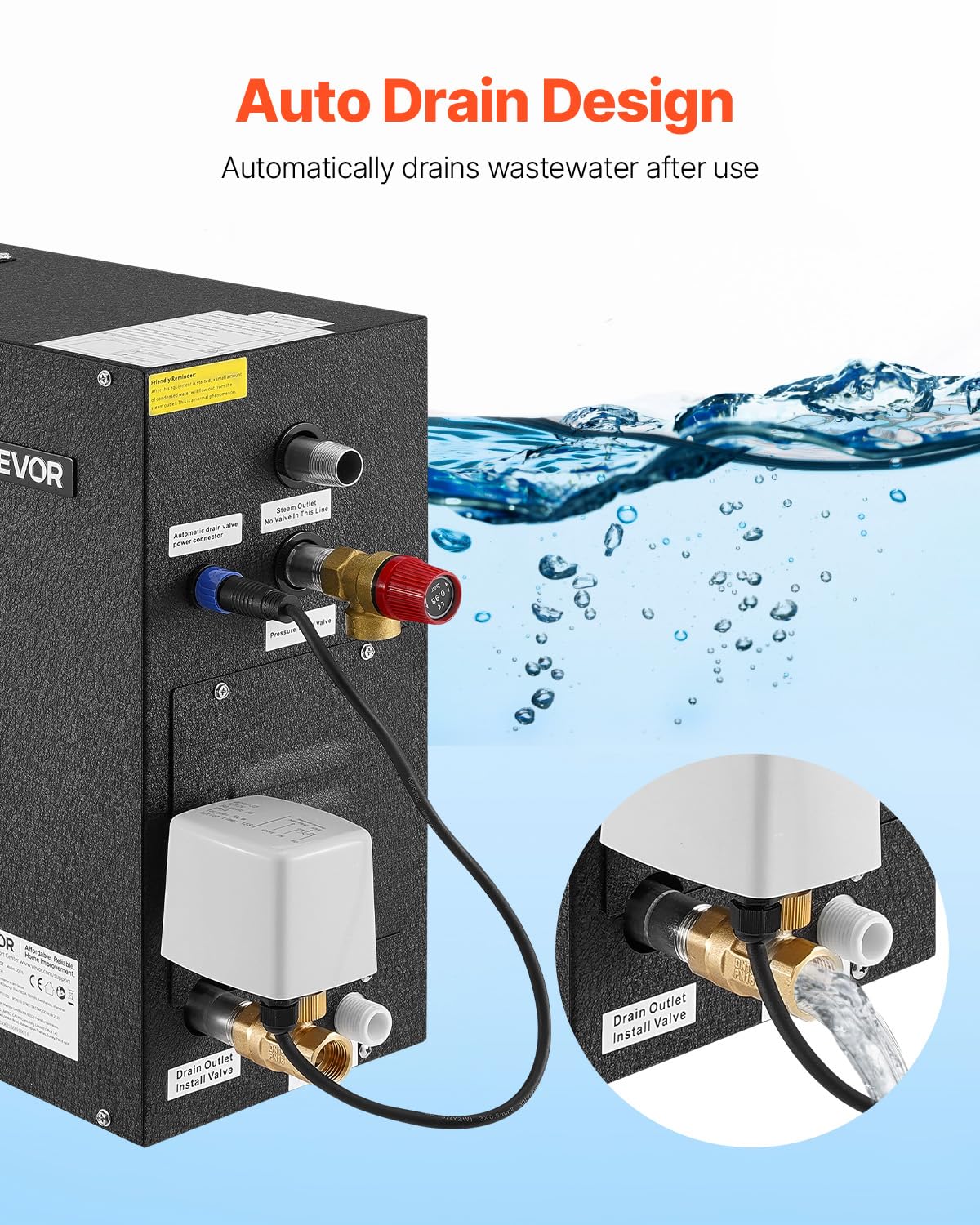 VEVOR Steam Generator, 7.5 kW Steam Shower System with Controller for Home Sauna & Spa, Commercial Auto Drain Kit with Overheat, Dry-Run & Overpressure Protection, 10min to 24h Timer, Black