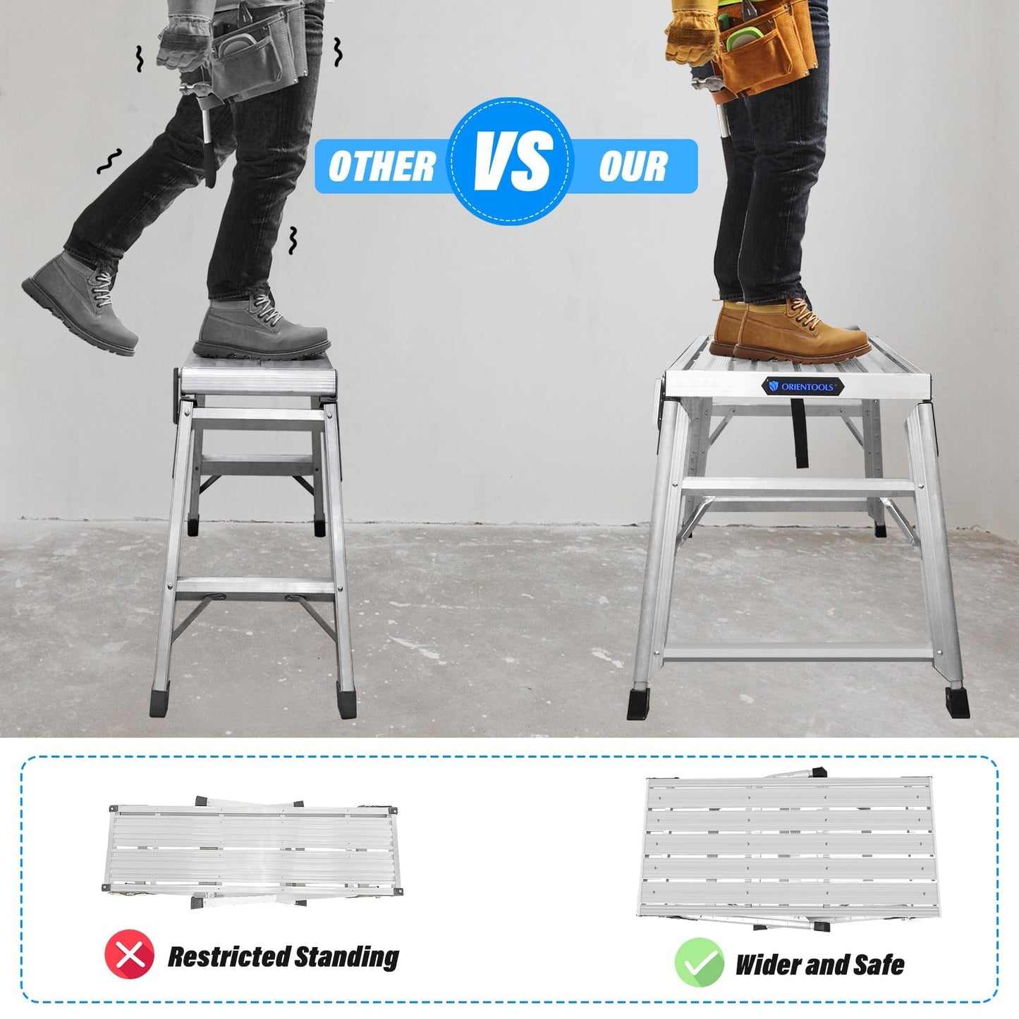 ORIENTOOLS Adjustable Work Platform, (39.4" X 18.5") Portable Folding Aluminum Step Ladder, Scaffolding Platform of Capacity 330 LBS Heavy Duty, 7 Gear Adjustable Height 24 to 35 inches