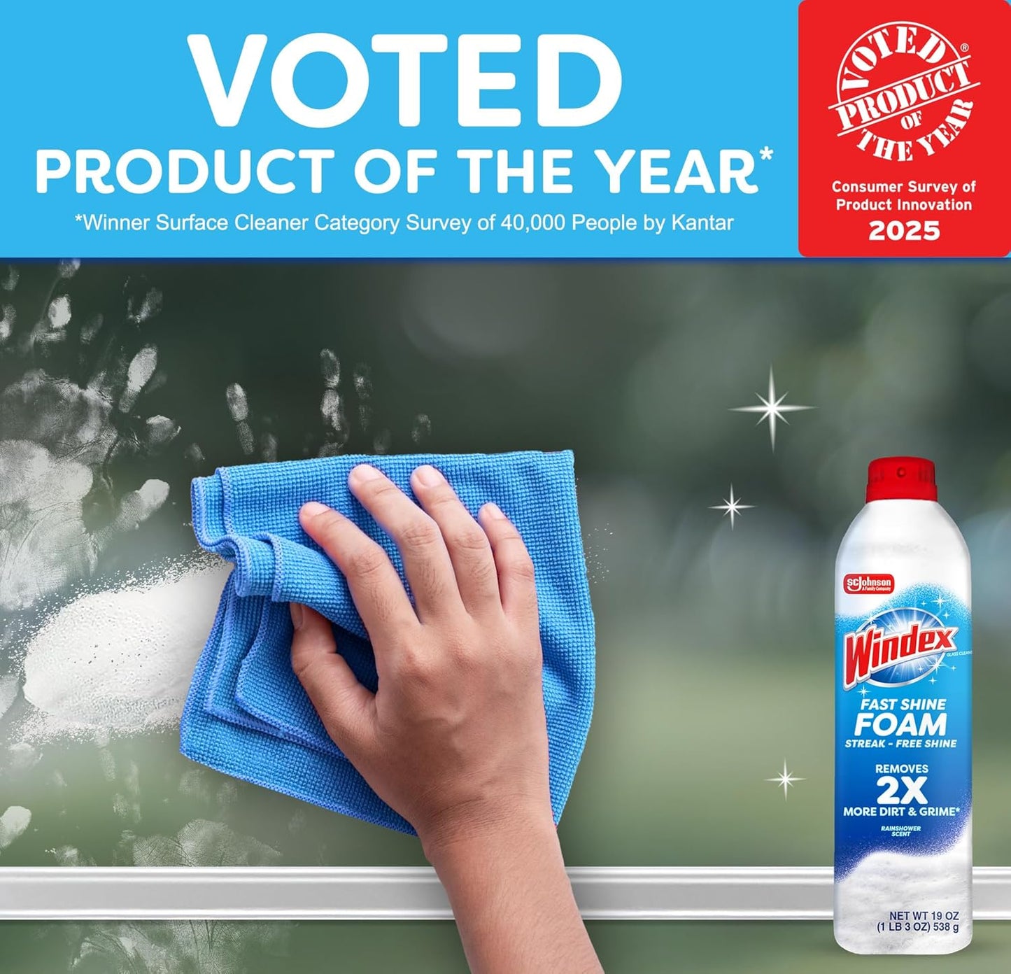 Windex Fast Shine Foam Glass Cleaner - Streak-Free Aerosol Spray for Windows & Mirrors | 19 oz (Pack of 2)