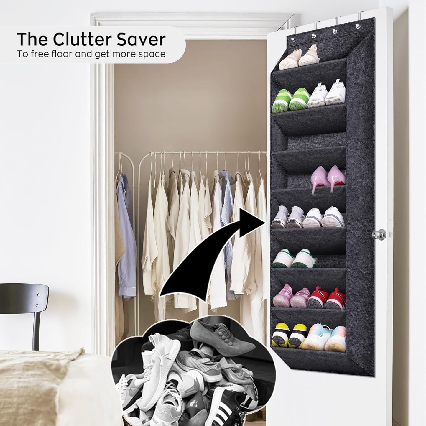 Sleeping Lamb Over The Door Shoe Organizer - Large Deep Pockets for Boots Storage | Black