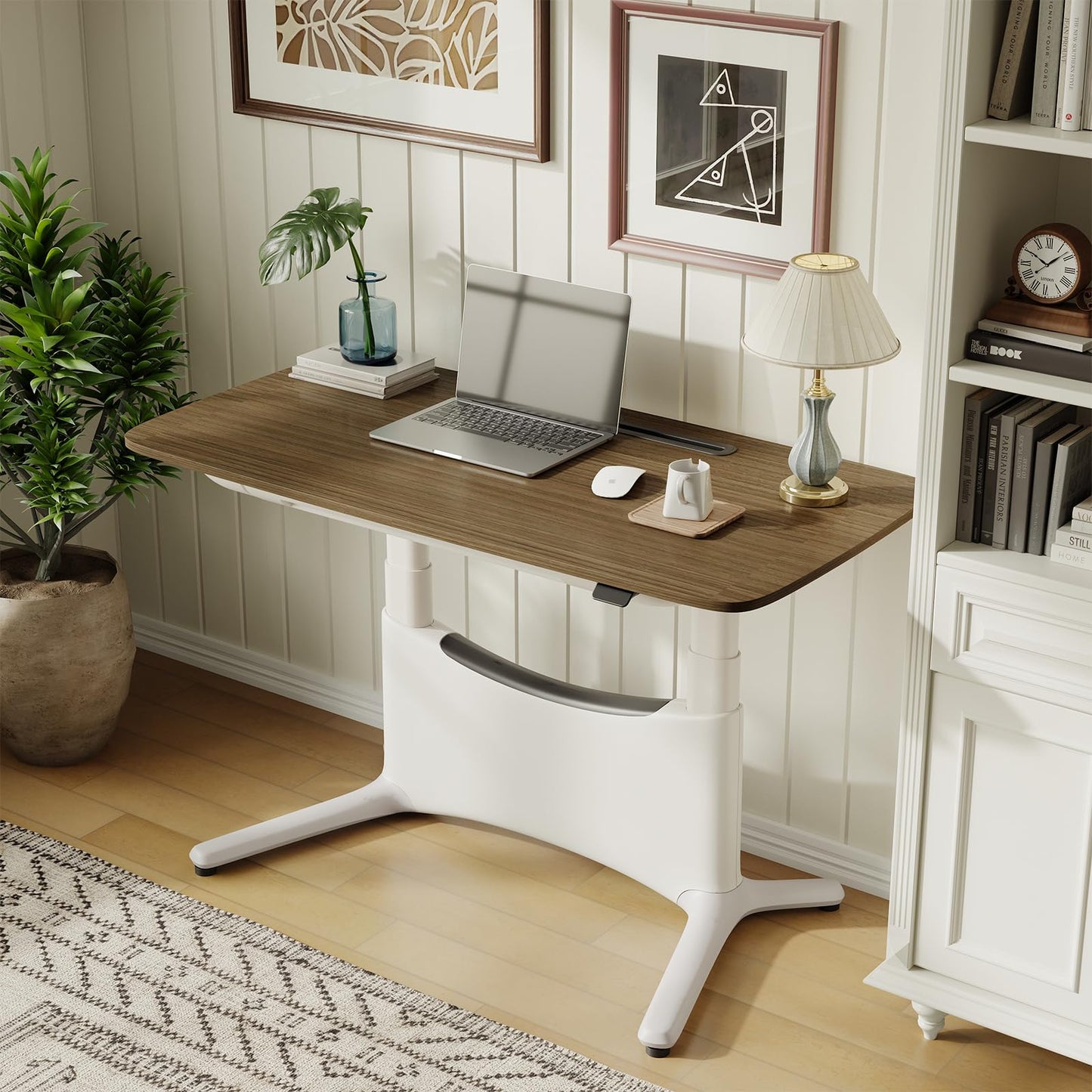 COLAMY Electric Adjustable Standing Desk – 48 x 28 Inch Sit Stand Desk with Drawer & Cable Management, Dual Motor Lift System, Ergonomic Footrest, Home Office Table (MFC Desktop, Walnut + White)