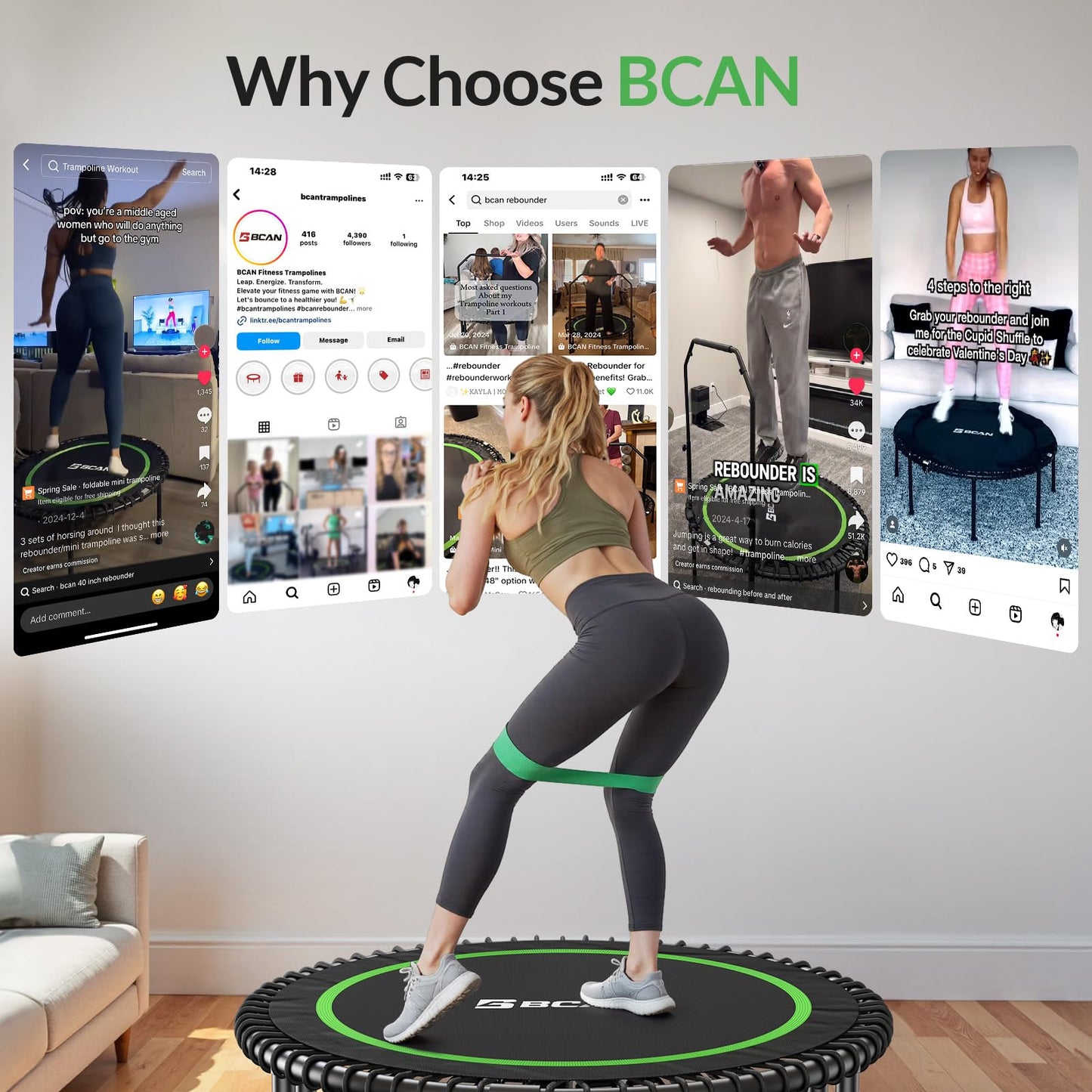 BCAN 40" Adult Fitness Trampoline with Durable Bungees, Stable & Quiet Exercise Rebounder,Great Mini Trampoline for Indoor/Garden Workout - Green