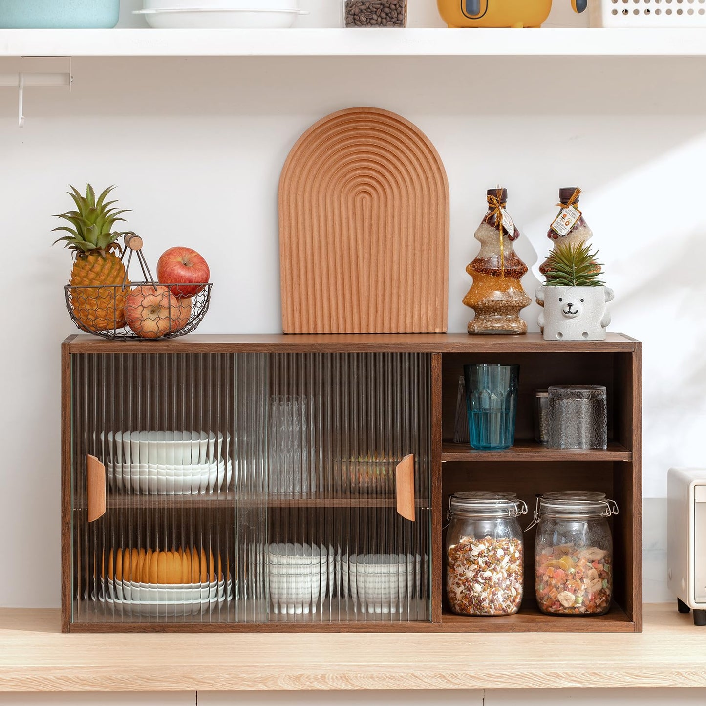 HollyHOME Bamboo Wall Mounted Kitchen Sideboard with 2 Glass Doors and Adjustable Shelves, Freestanding Wall Storage Cabinet with Side Shelf for Bottle, Dish, Bowl, Console Dining Cupboard, Walnut