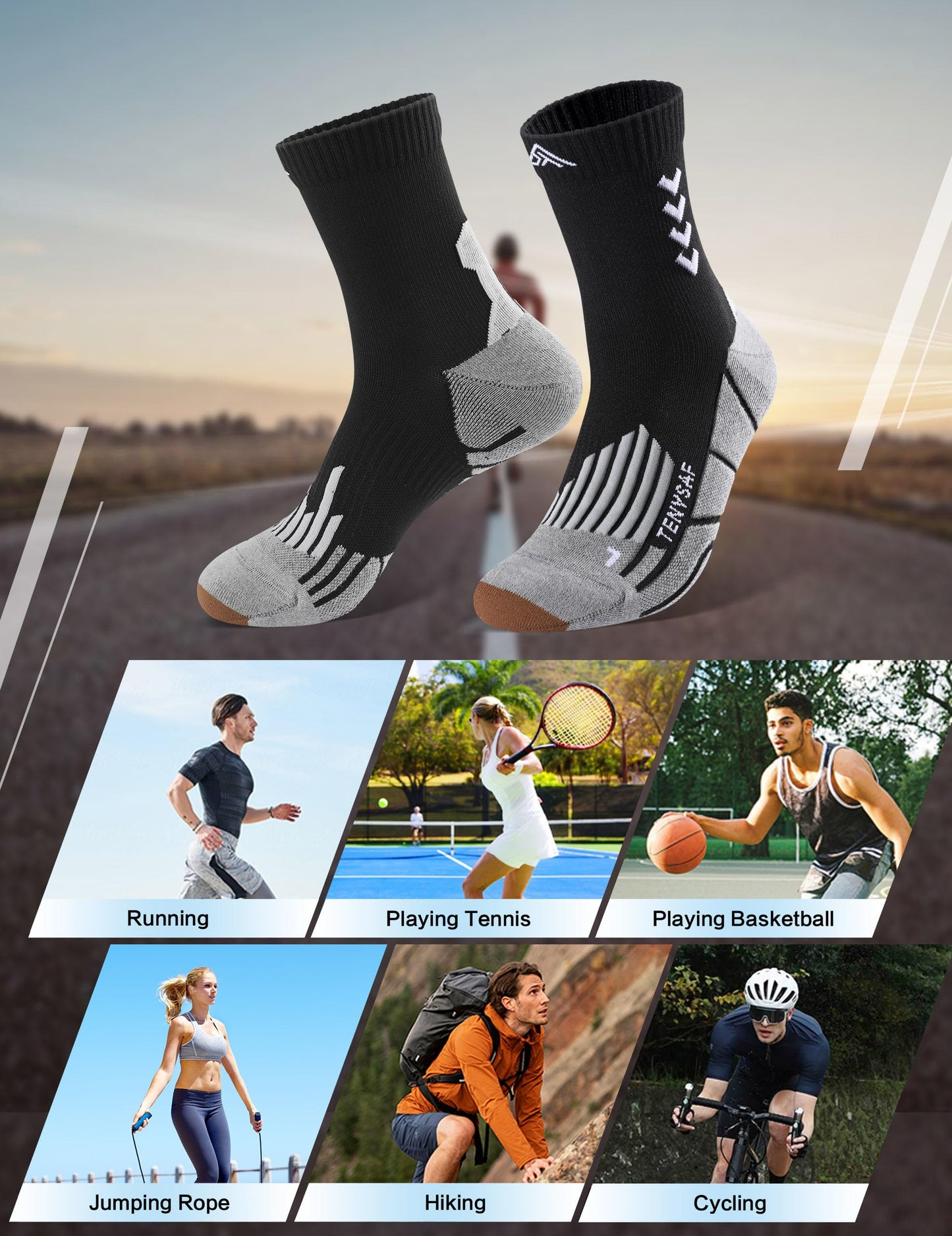 TENYSAF Compression Crew Running Socks: Athletic Socks for Men Women with Cushion,3 Pairs Work Hiking Basketball Sport Socks