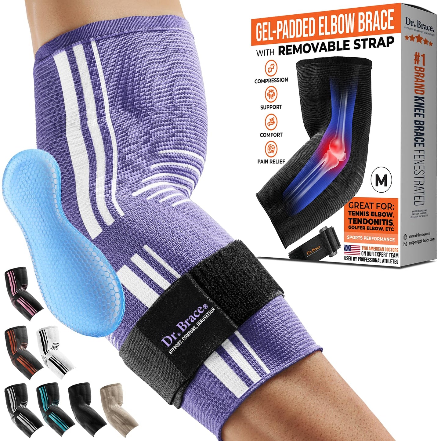 DR. BRACE® Elite Elbow Brace Support, Breathable Elbow Compression Sleeve with Gel Pad for Golfer's, Tennis Elbow & Tendonitis Treatment & Pain Relief 2024 (Purple-White, Medium)